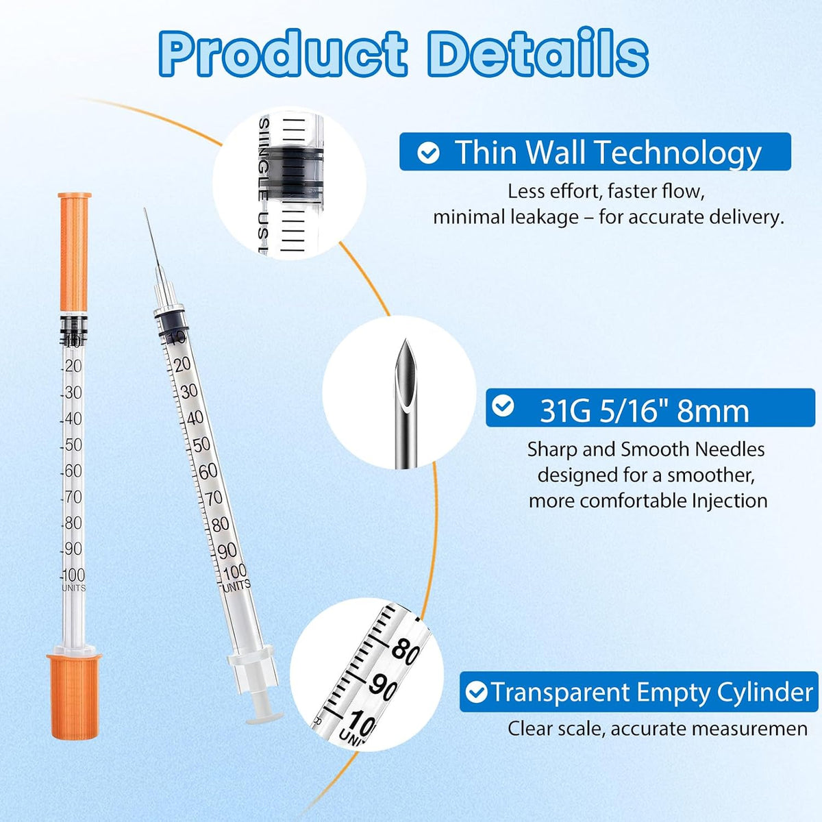 1ml Syringes 31G 8mm, 20-Pack Individually Sealed