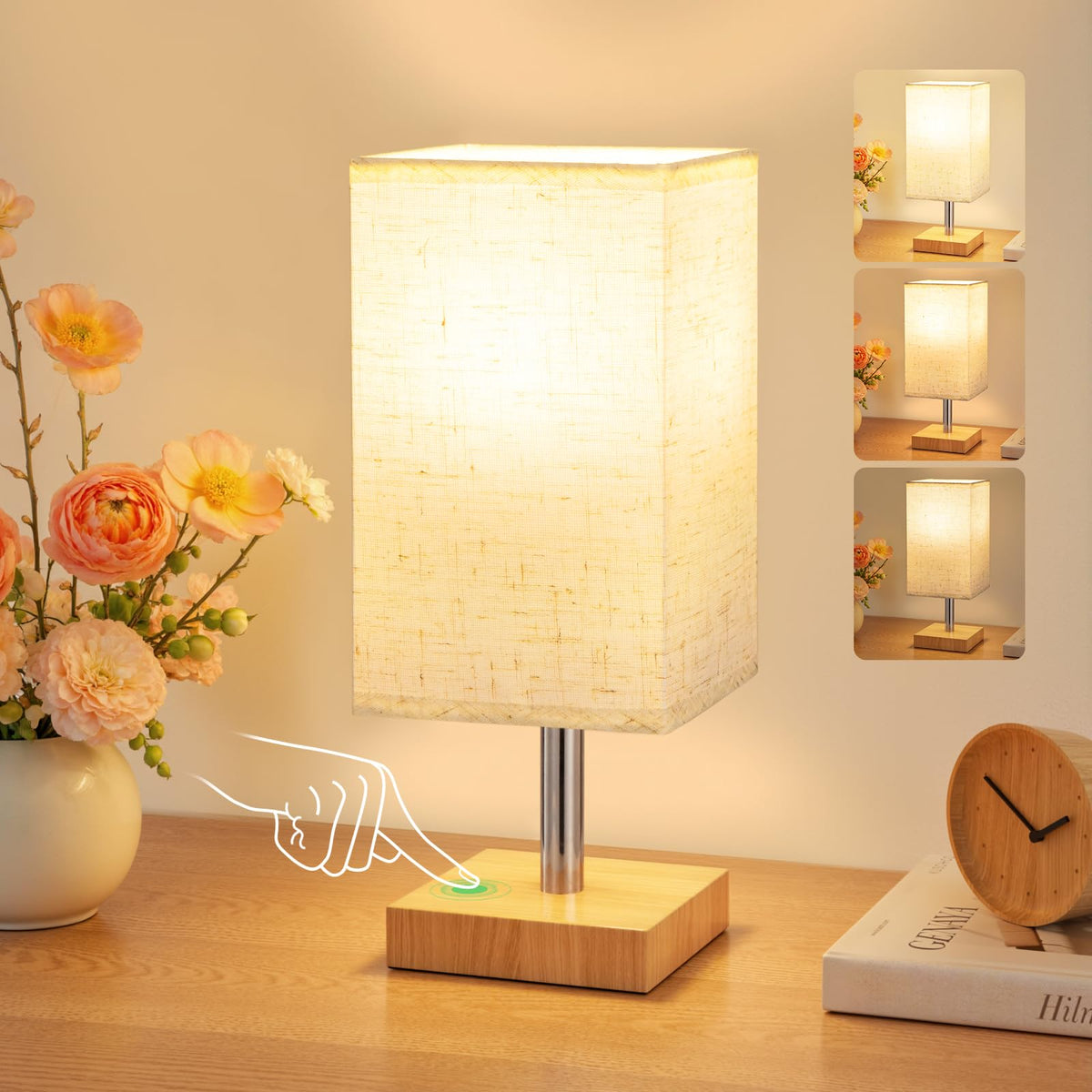 White Table Lamp for Bedroom, Small Bed Lamp with for Bedroom, Silver Base(Bulb Included)