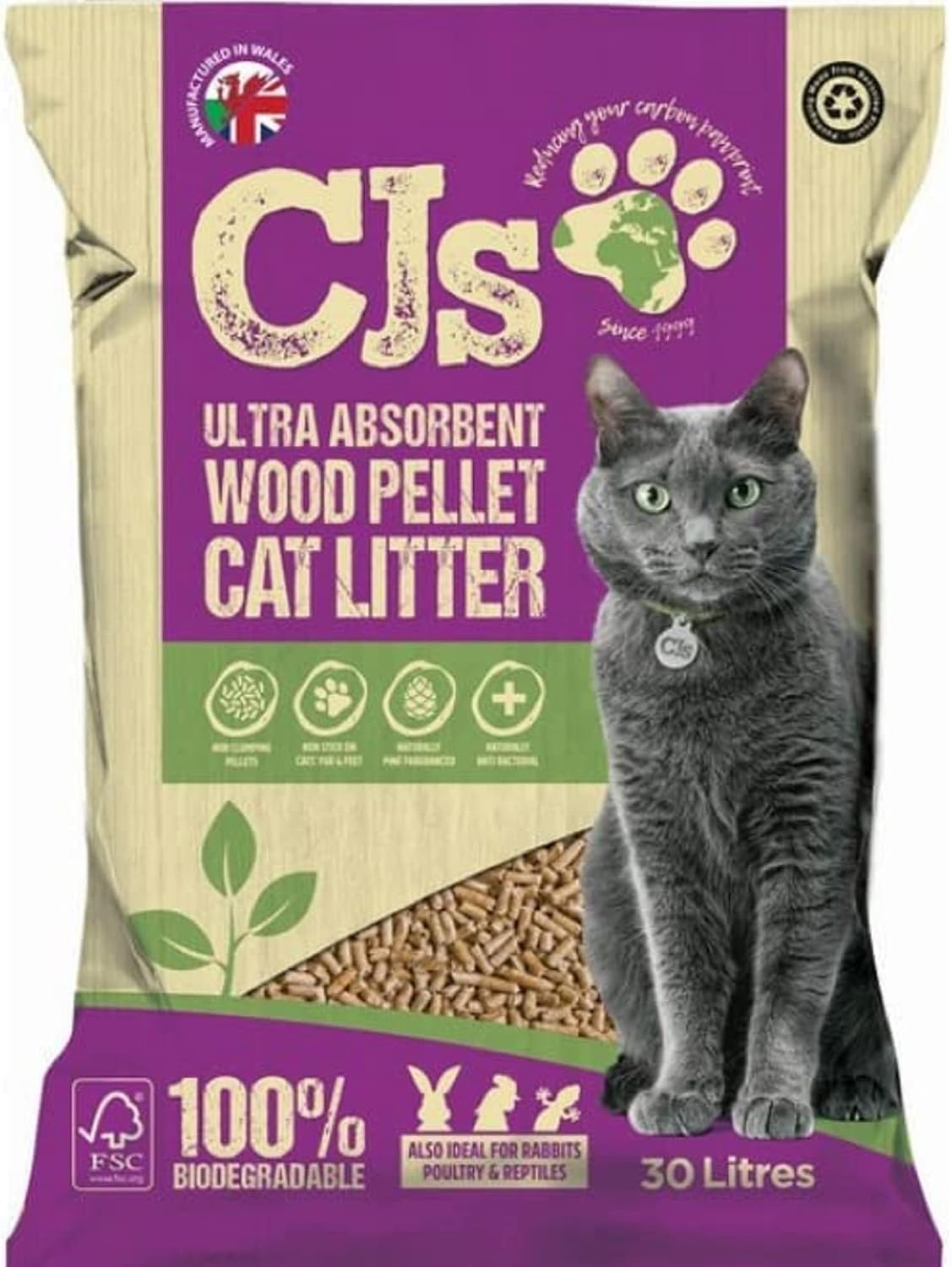 CJ's Premium Cat Litter Ultra Absorbent Wood Pellets, Biodegradable, 30 L