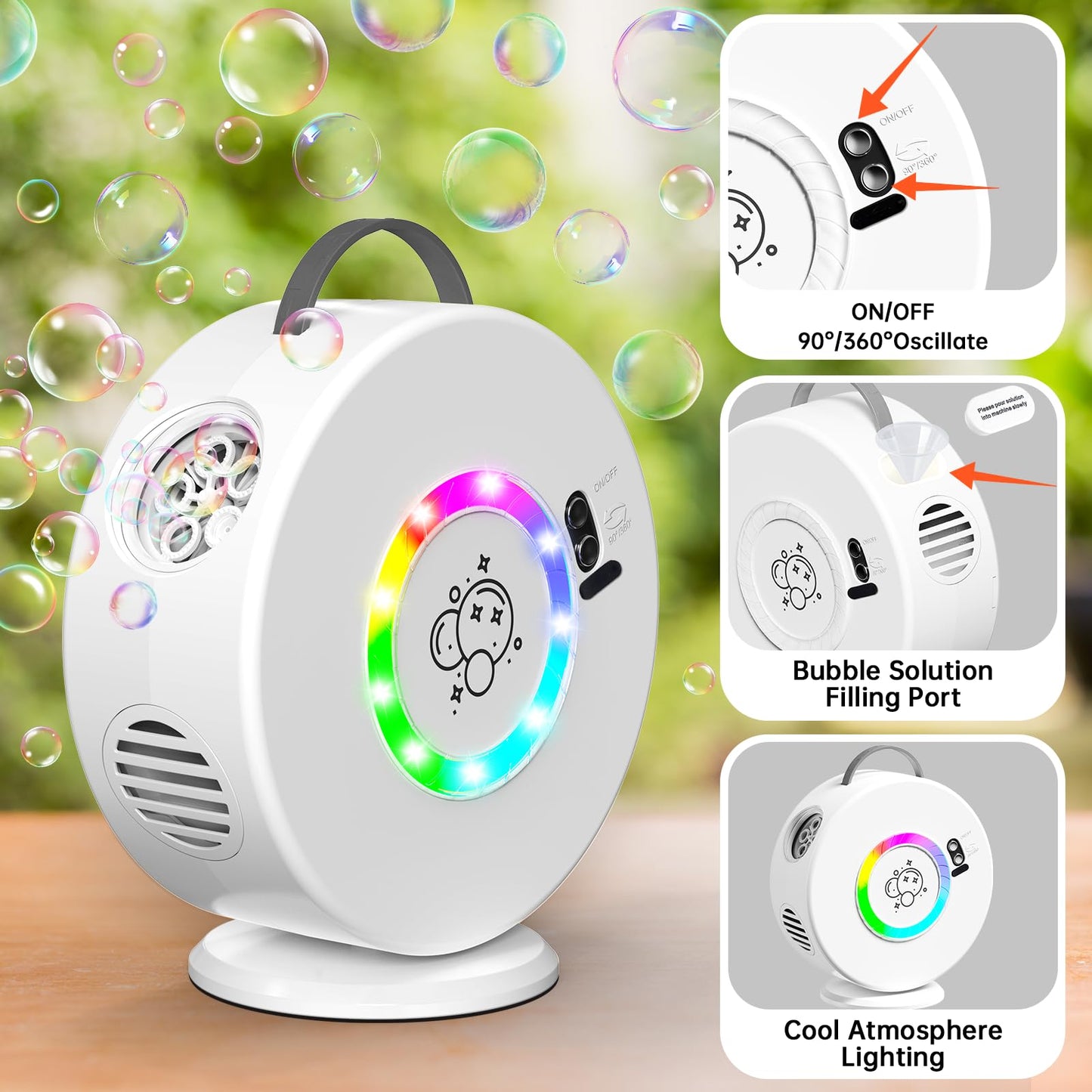 Bubble Machine Age 3+ for Kids Automatic Bubble Blower for Toddlers Rechargeable Battery Operated Portable Bubble Maker for Little Boys Girls Fun Electric Bubble Toy Rotated 90°/360° Outdoor Party