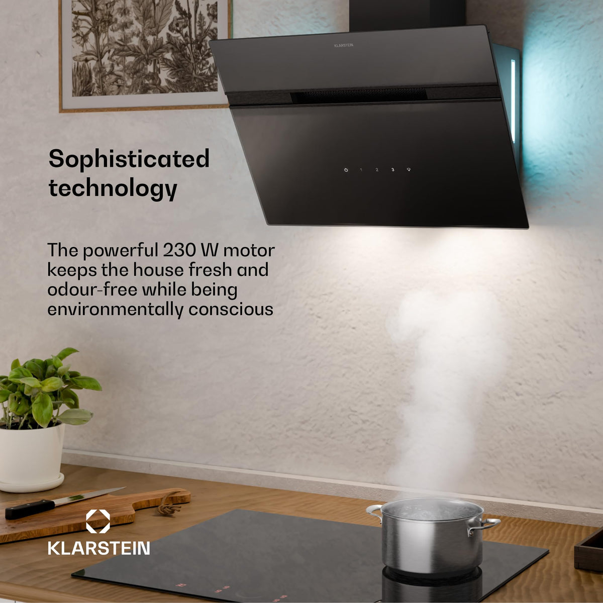 Klarstein Alina 90 Angled Cooker Hood - 615m³/h Air Flow, Touch Panel, LED Backlighting, Quiet 63dB, Energy Class A, 90cm Extractor Hood, Black