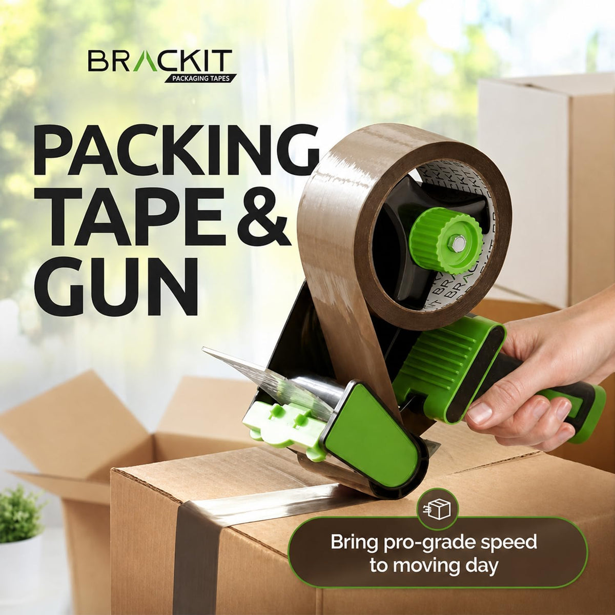 brackit Tape Gun Dispenser with 6 Brown Packing Tape Rolls 48mm x 66m