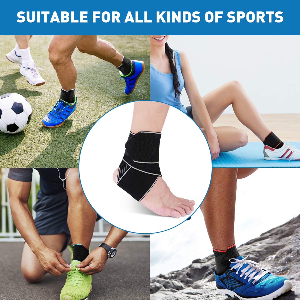 WASPO Ankle Support Brace - Adjustable Ankle Brace Wrap Strap for Sports Protect, Plantar Fasciitis, Achilles tendonitis, Ligament damage, Injury Recovery, One Size for Men Women 1 PC Blue