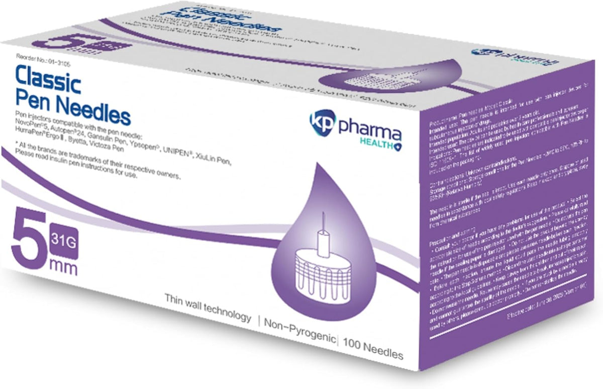 KP Pharma Classic Pen Attachment 31G x 5mm – Pack of 100 | Silicone Coated Individually Sealed Clean Attachment | Compatible with Most Pens | Latex-Free Pen Attachment