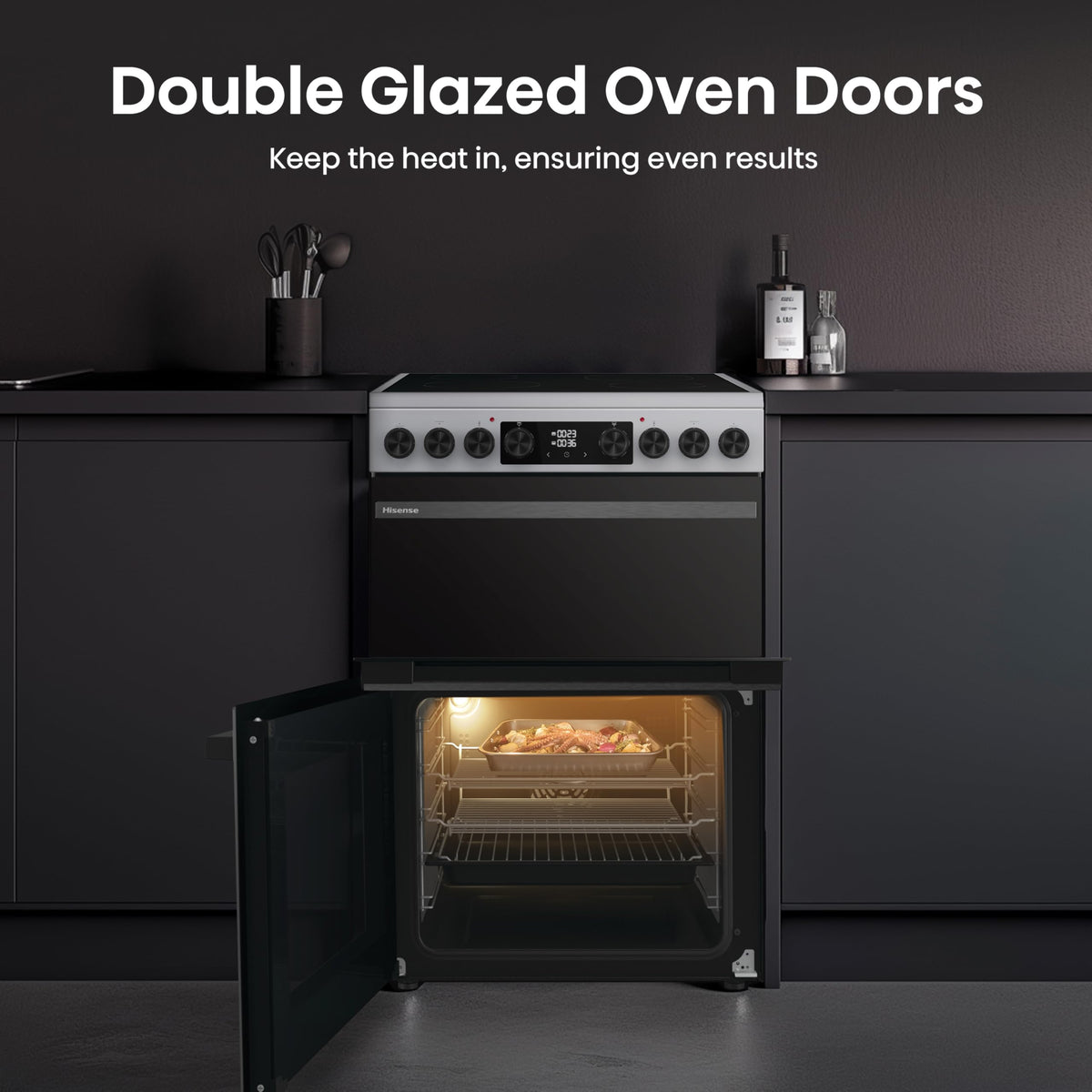 Hisense HDUKC60W 60cm Electric Cooker with Ceramic Hob-White, A Rated Double Oven 50L/80L [Energy Class A]