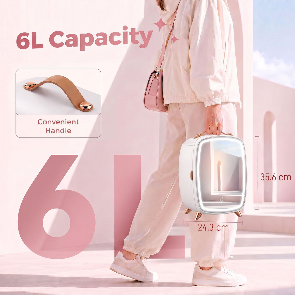 HOMCOM 6L Mini Fridge with LED Mirror, 26dB Quiet Operation, Pink