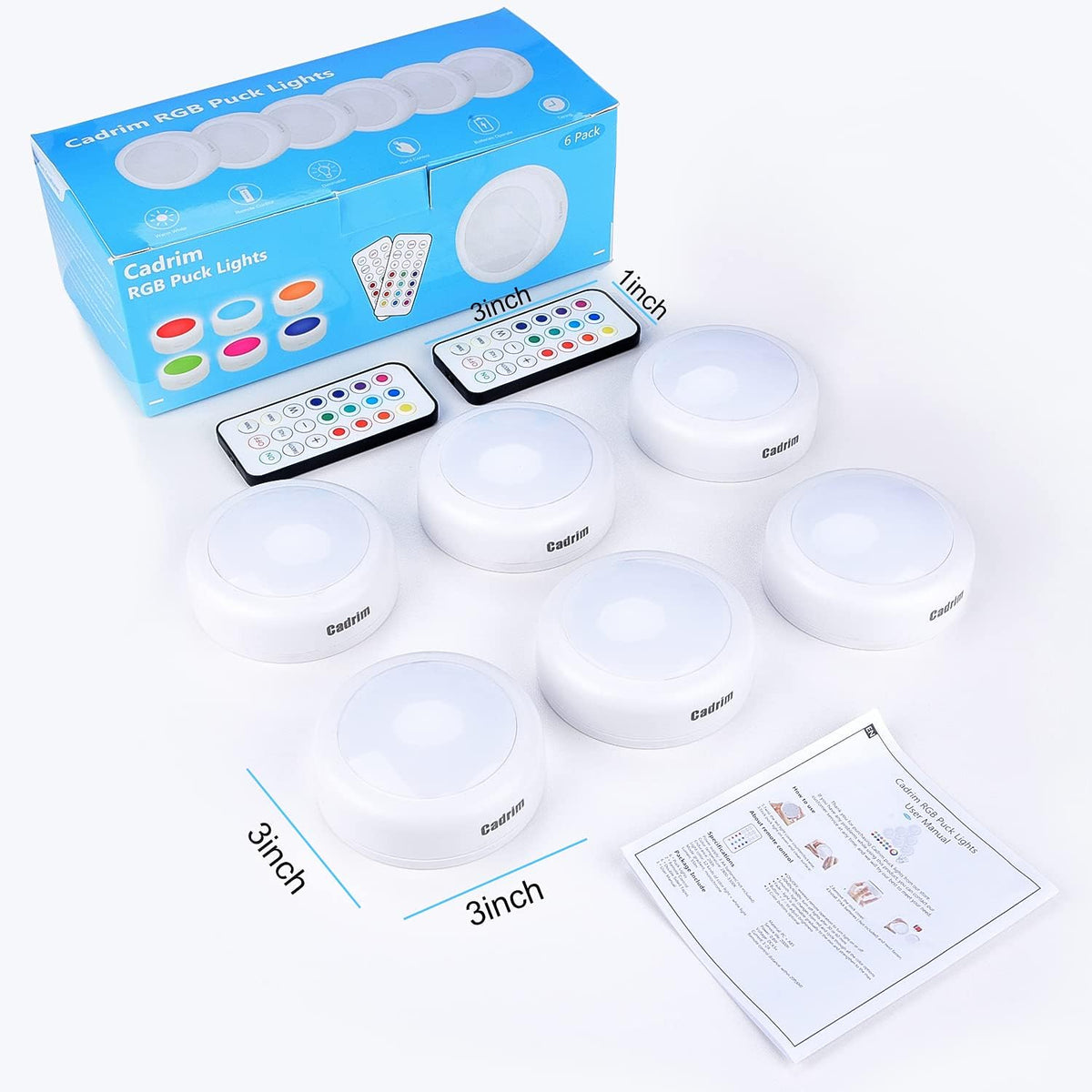 Under Cabinet Lights RGB Wireless Lights LED Closet Lights Night 3000K Dimmable 6pc Cadrim 13 Colors Changing Remote Control Brightness Adjustable Timer Battery Powered Light Kitchen Wardrobe Cupboard