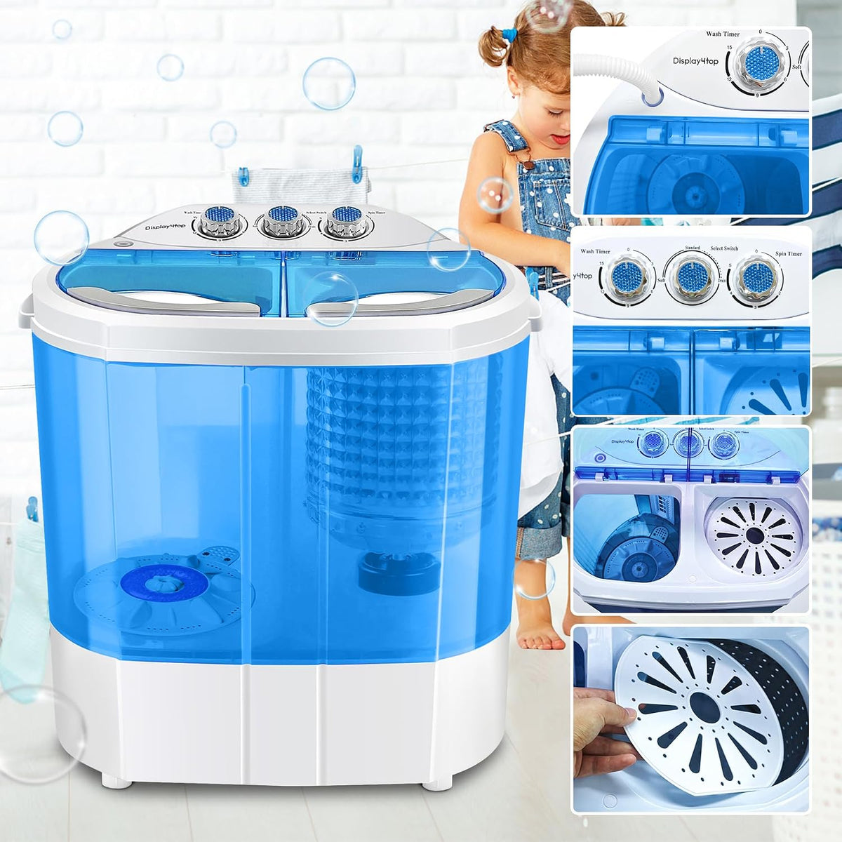 Display4top Electric Mini Portable Compact 3.6KG Capacity Washer Washing Machine Spin Dryer Laundry(Blue)