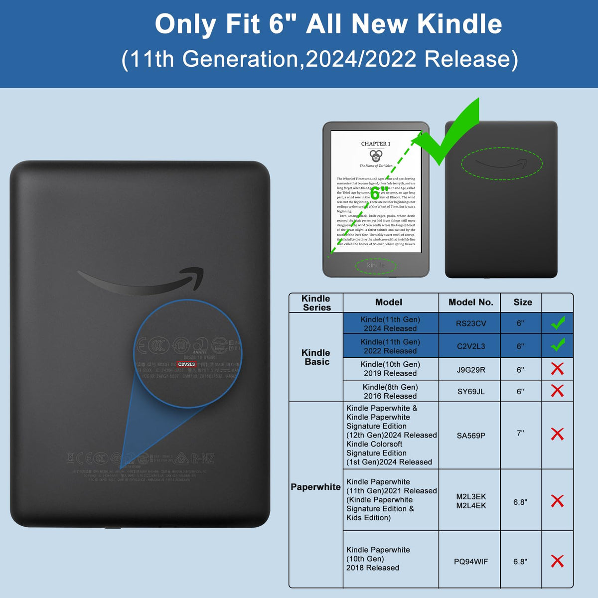 TQQ Case Fits 6" Amazon Kindle 11th Generation 2024 and 2022, Premium Slim and Lightweight Cover, Full Protection, Auto Sleep/Wake, Magnetic Closure (NOT fit Paperwhite or Oasis)