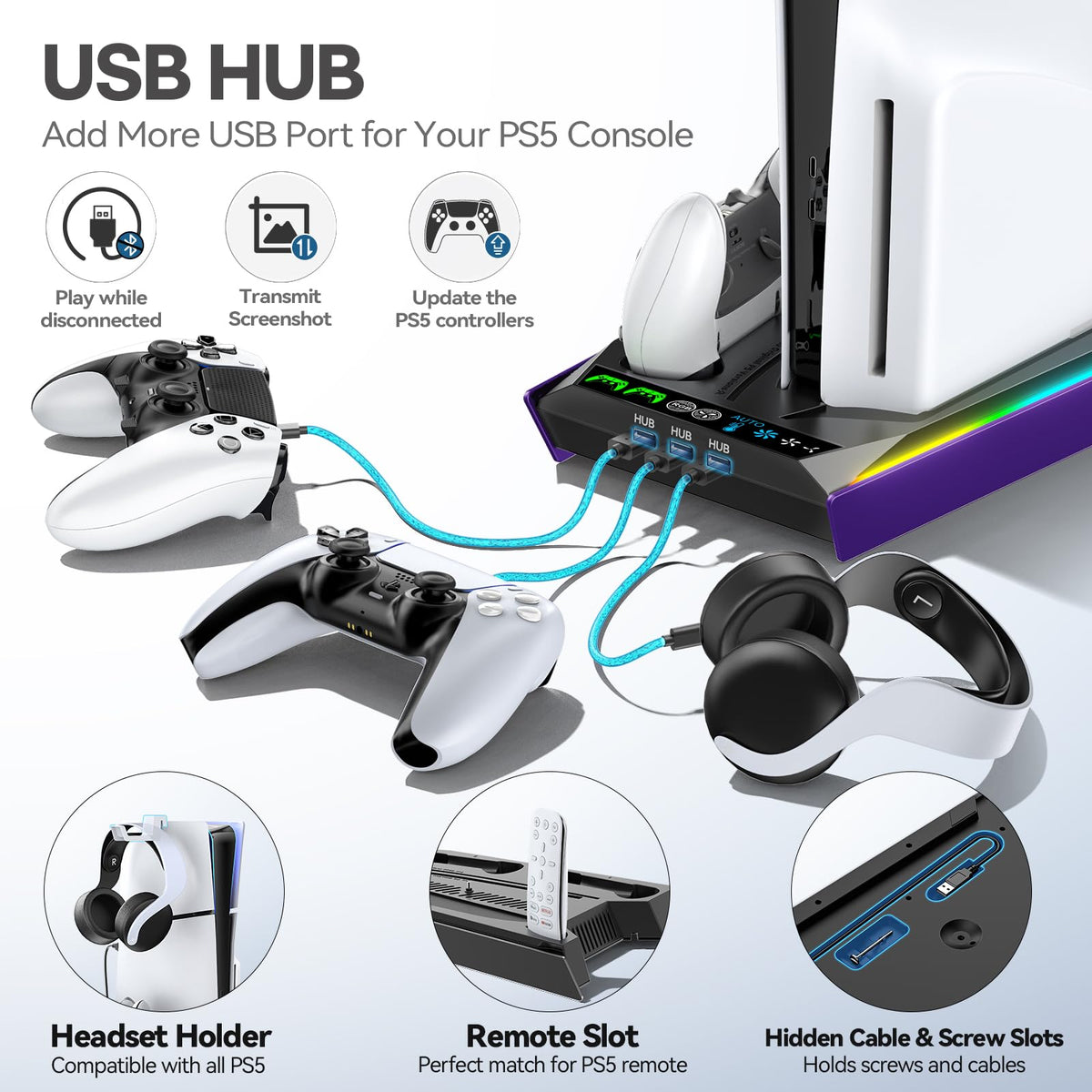 Rysker PS5/Slim/Pro Stand, PS5 Cooling Station Built-in 3-Level Cooling Fan & Fast Charger for Disc & Digital, PS 5 Accessories with Safety Screw and Headset Holder
