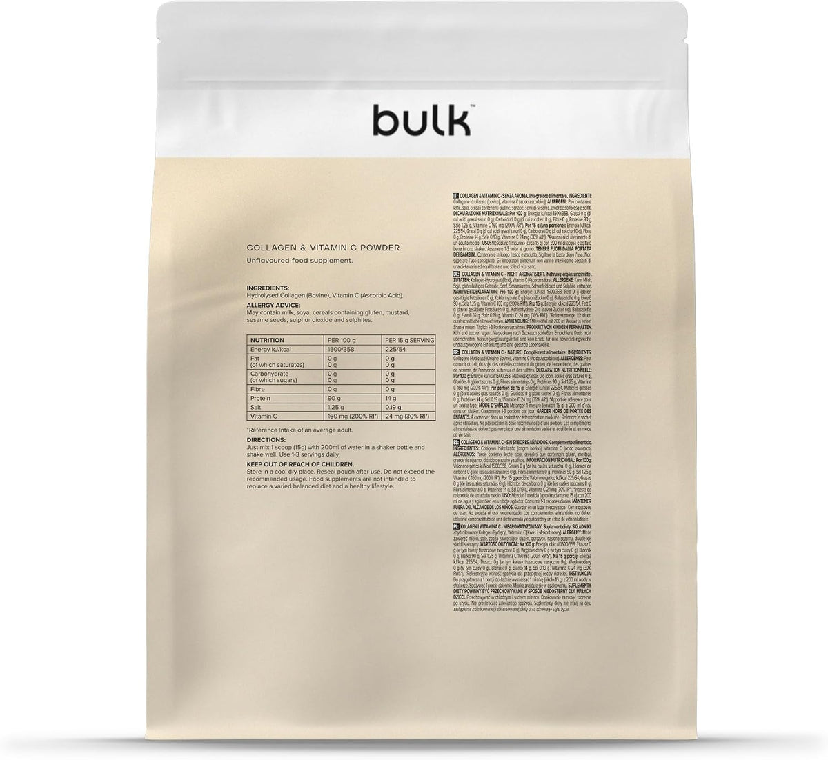 Bulk Collagen Powder with Peptides and Vitamin C, Unflavoured, 500g