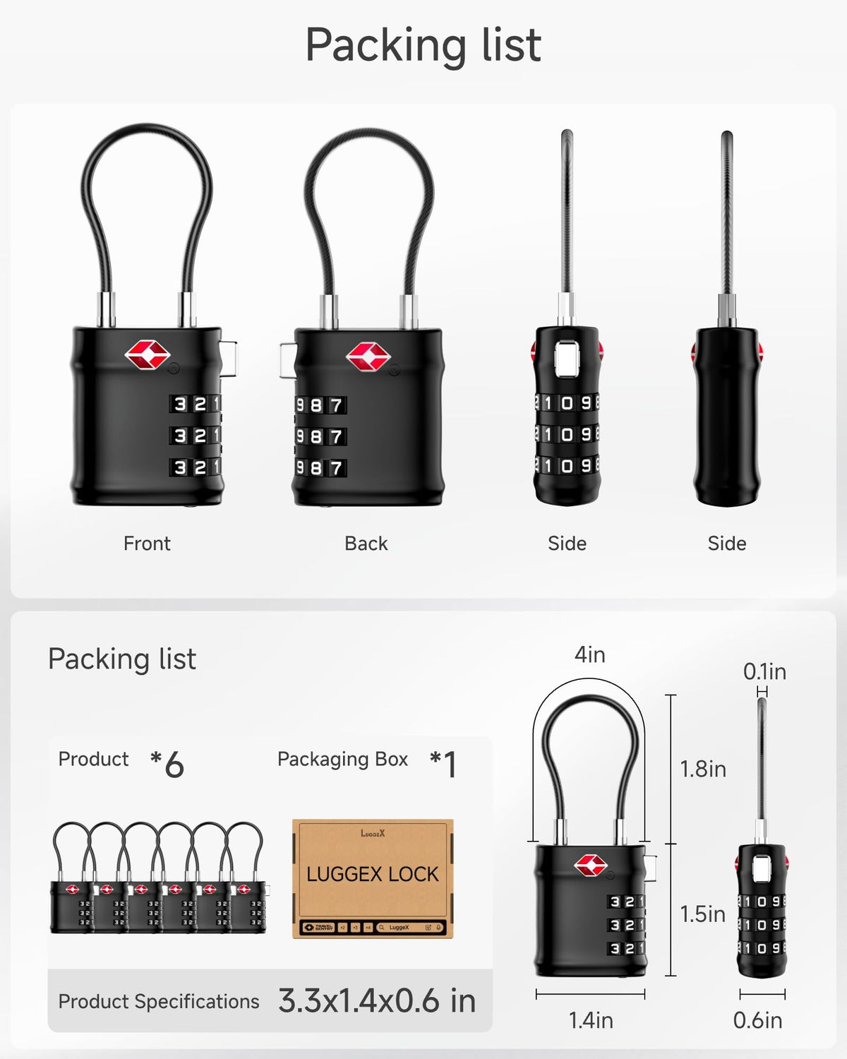 LUGGEX Suitcase Locks, Luggage Locks, TSA Approved Luggage Locks,Black,2
