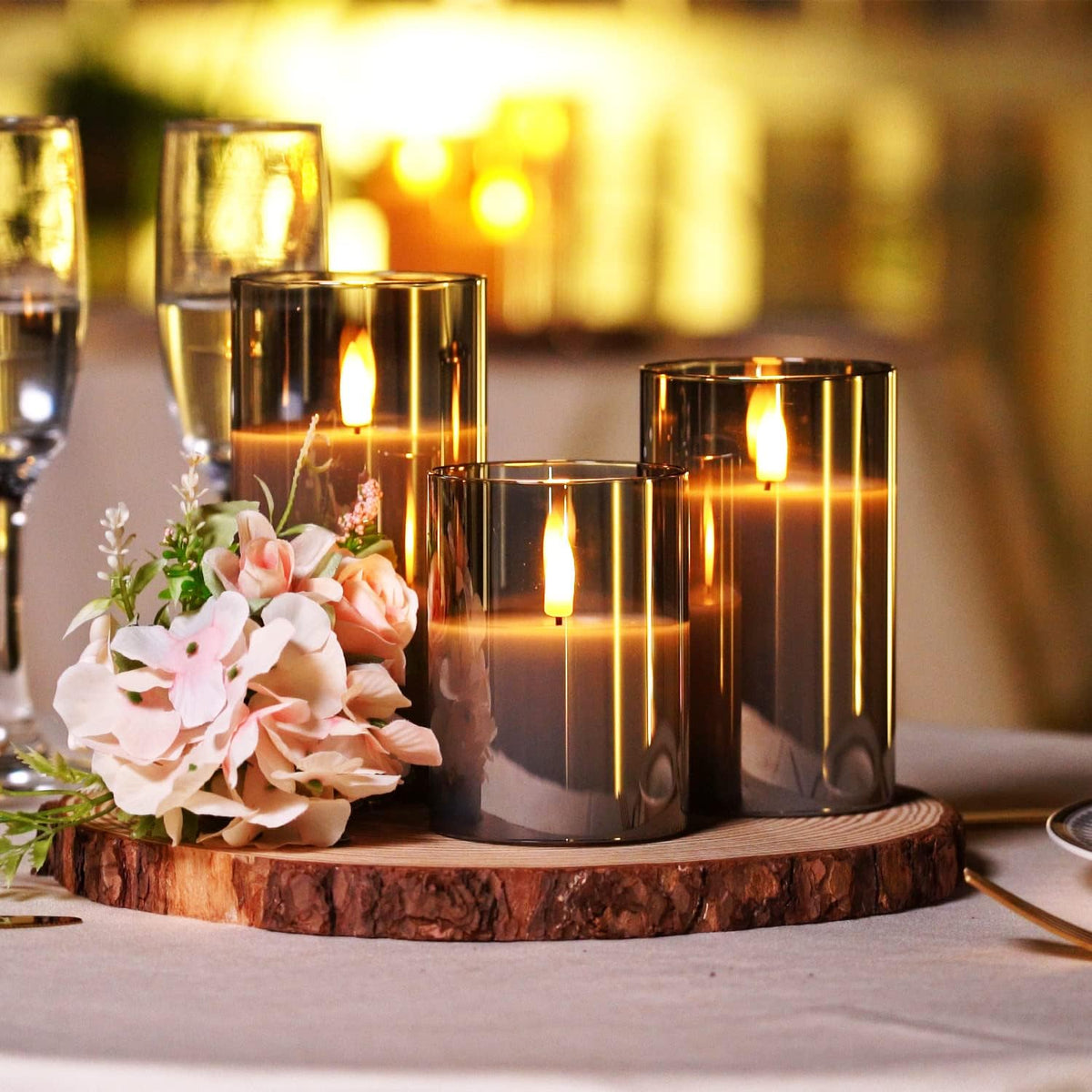 Homemory Real Wax LED Candles Flickering, Clear Glass Shell, Gold, Set of 3