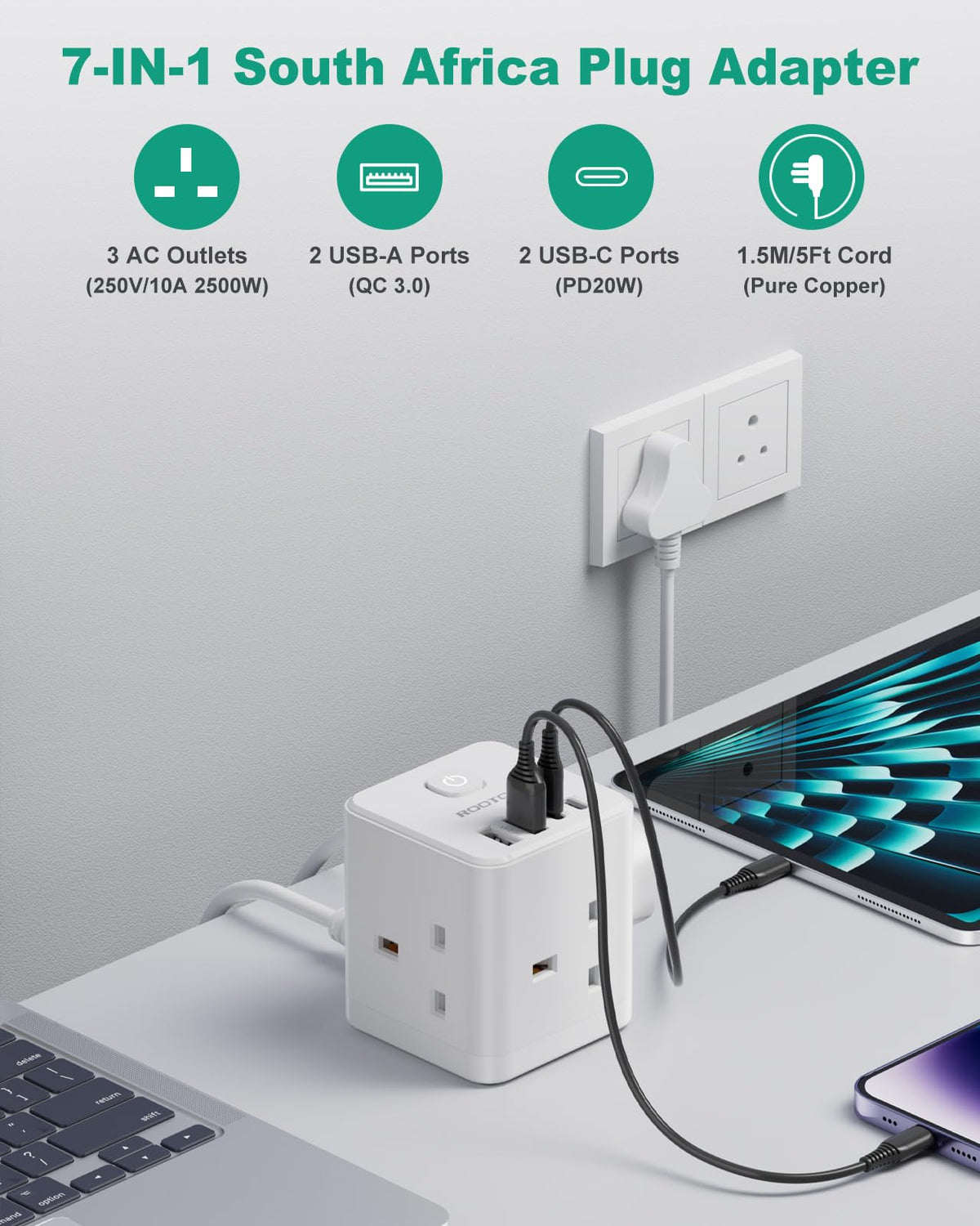 Japan Travel Adapter 3 Way 4 Fast Charging USB (QC3.0/PD20W)