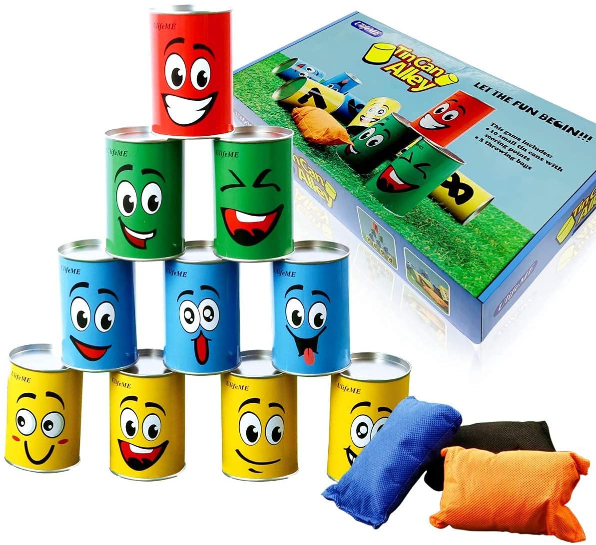 Tin Can Alley Game, Outdoor Garden Target Shooting Fairground Games for Kids & Children, Garden Party Toys Gift for Boys & Girls: 10pcs Fun Smile Knock Down Tin Cans and 3pcs Beanbags