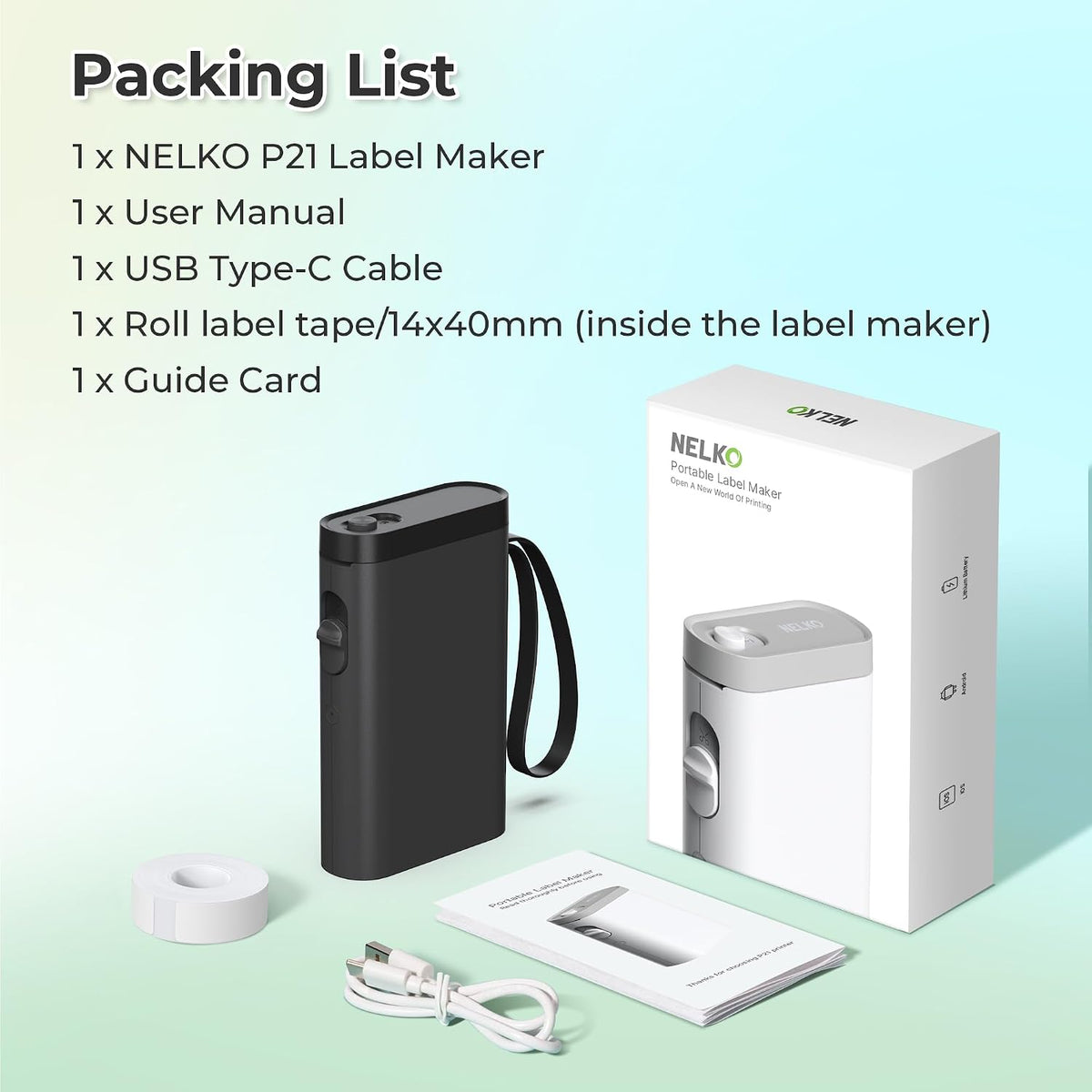 Nelko Label Maker P21 Portable Bluetooth Sticker Printer with Tape, Black