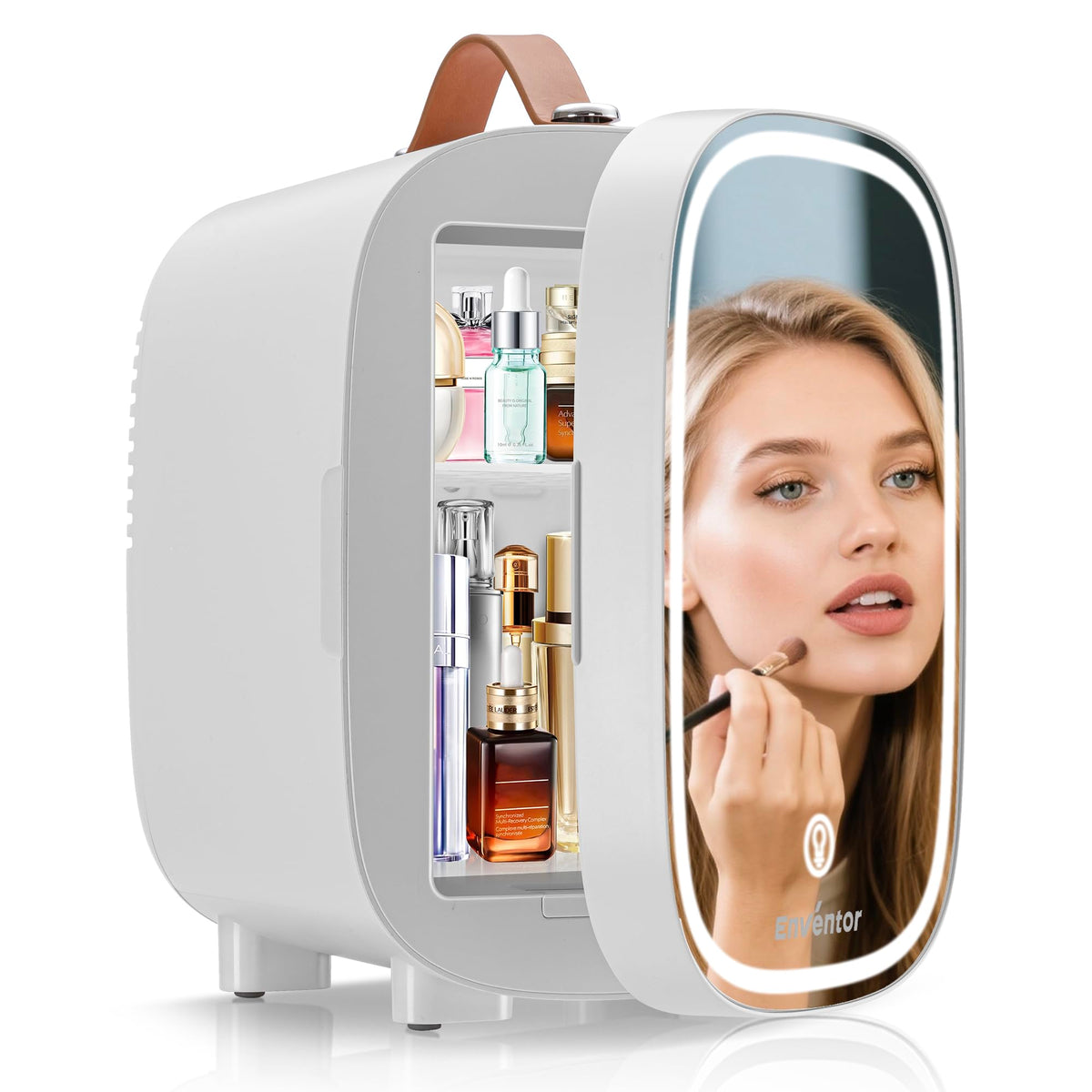 Enventor Mini Fridge 4L/ 6 Can, 3-Level Dimmable LED Mirror, AC+12V DC