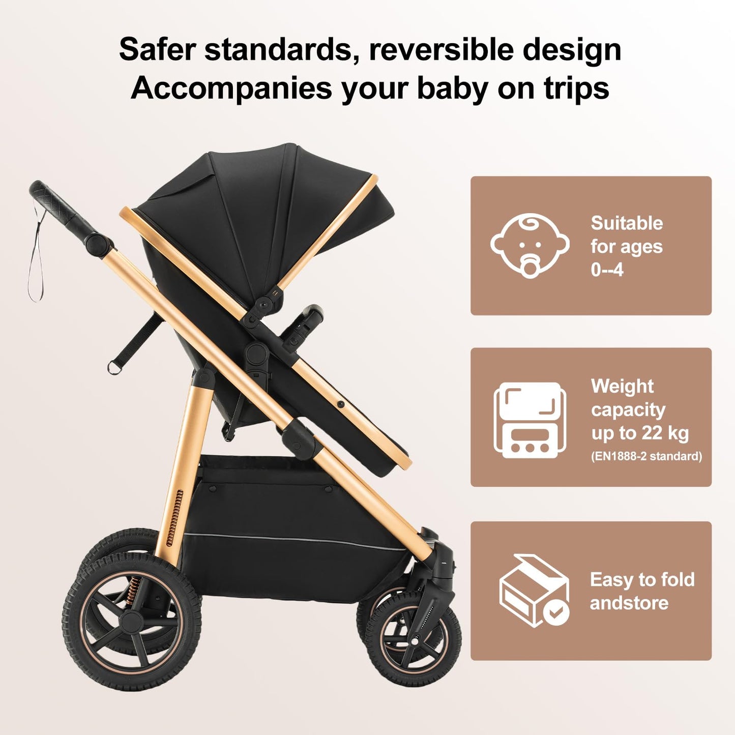 Zkipm Baby Buggy, Baby Pram, Pushchair with Seat, 3 in 1 Travel System, Foldable and Reclining Stroller, Prams with Backpack, Rain Cover, Mosquito Net, Aluminium Frame, 0-4 Years, Up to 22 kg Green