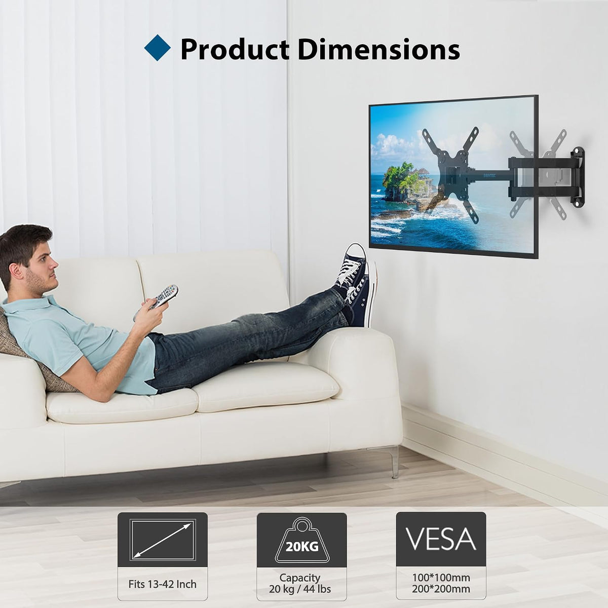 BONTEC TV Wall Bracket for Most 13-42 Inch TV, Adjustable TV Wall Mount, Tilt, Swivel, 360°Rotation, VESA 200x200mm up to 20kg, Universal TV Mount with Safety Screws, Bubble Level, Cable Ties Included