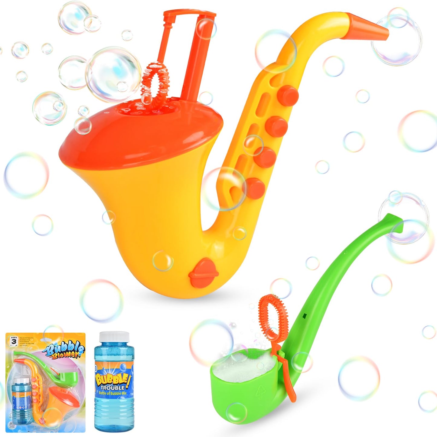 2Pcs Bubble Machine Toys Set, Saxophone Bubble Gun & Pipe Shaped Bubble Blower with Bubble Solution, Kids Outdoor Bubble Toys for Summer Party, Backyard Fun, Birthday Gifts, Reusable Bubble Makers