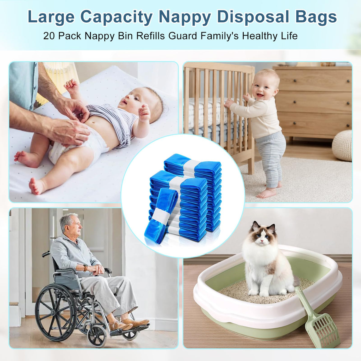 12er-Pack Nappy Bin Refills, vacvad 4.5m Diaper Bin Pail Disposal Bags, Nappy Bin Liners Replacement Strong Seal & Tear Resistance, Compatible with Most Nappy Disposal Systems (Blue)