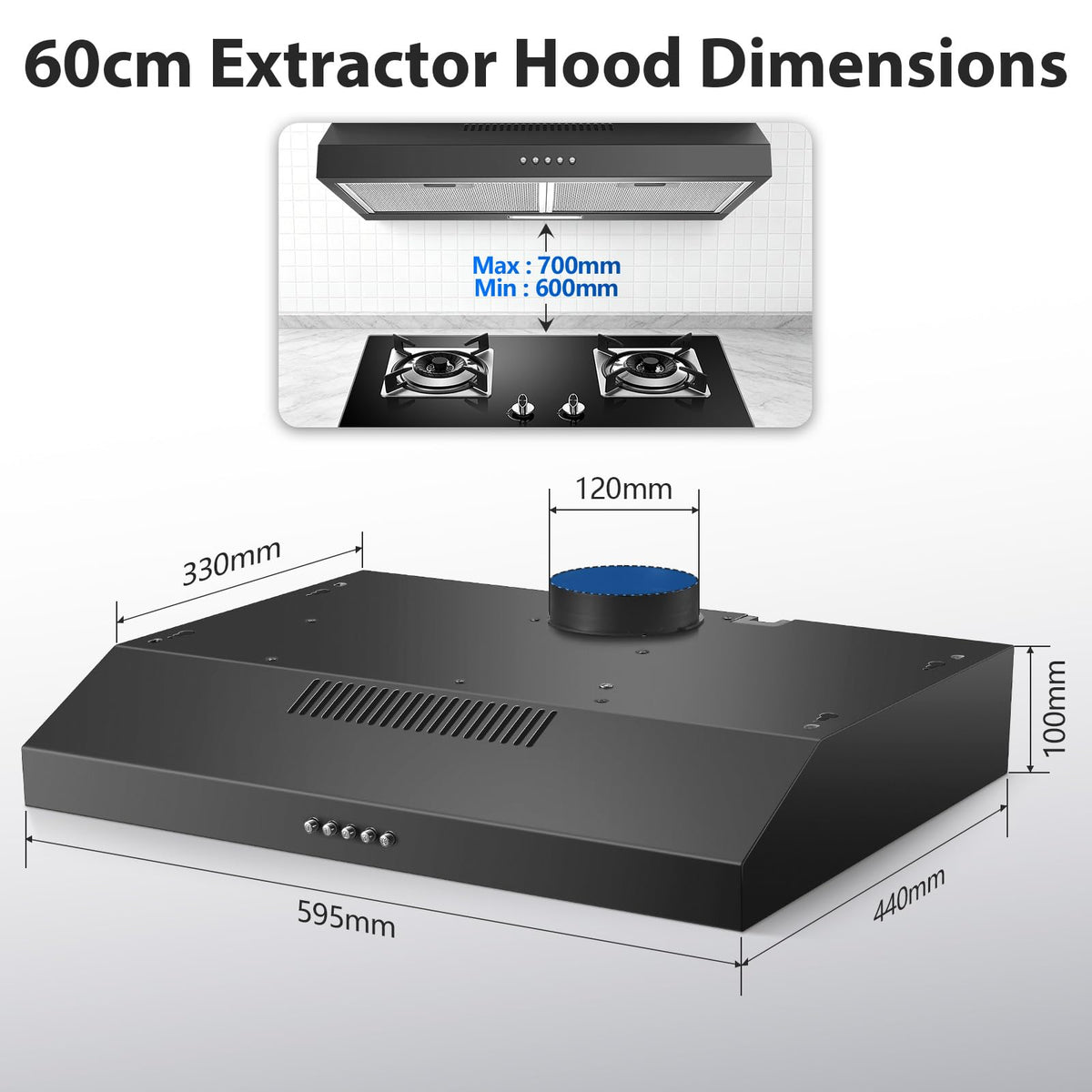 TopStrong 60cm Under Cabinet Cooker Hood, 250m³/h Slim Kitchen Extractor Fan, 3 Speed, A+ Energy Rating, LED Light, 430 Stainless Steel, Recirculating & Ducted Extractor Hood