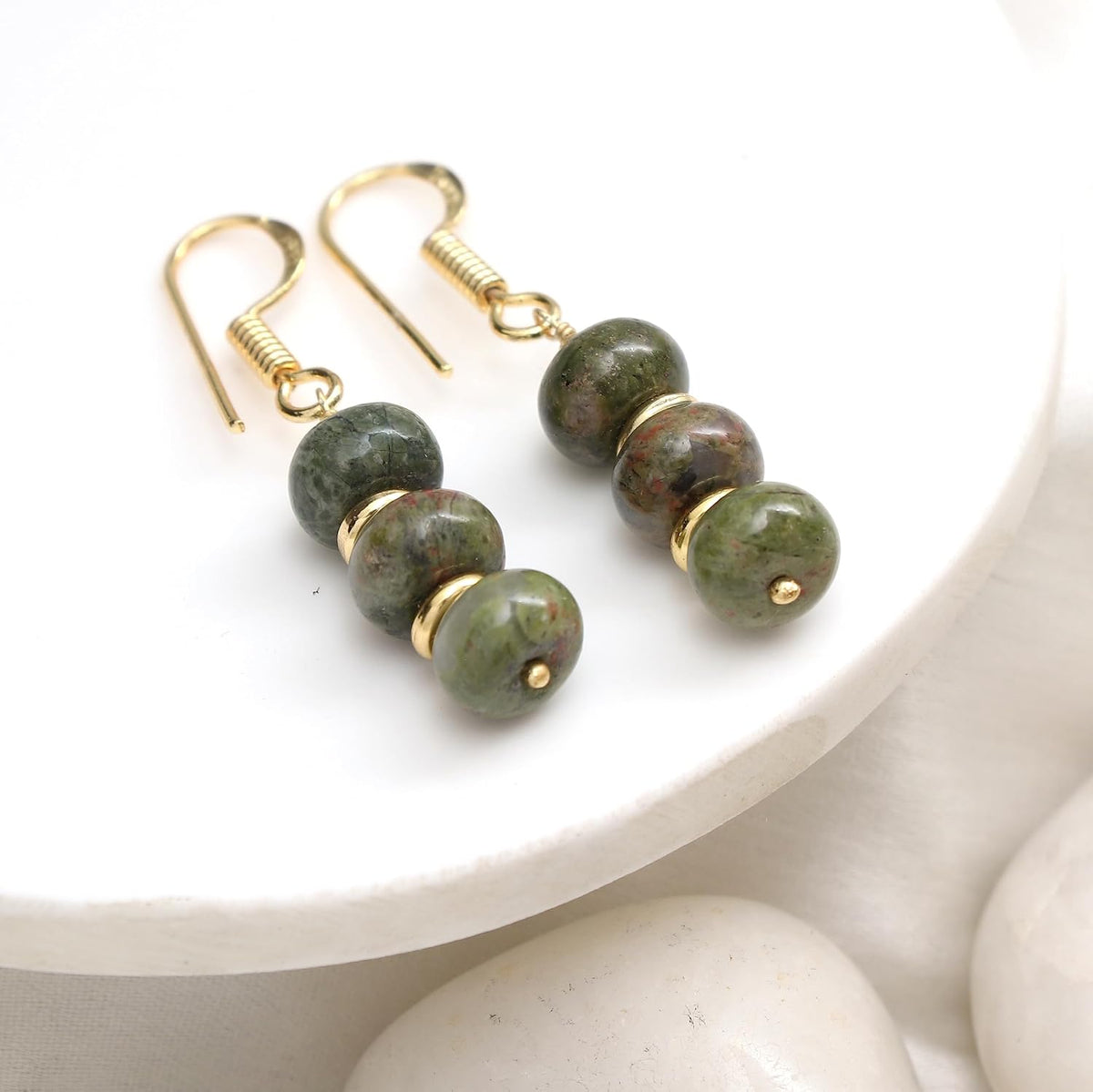Gempires Natural Gemstone Rondelle Bead Earrings for Women | 8mm Beaded Drop Dangle Earrings | Gold Plated Hypoallergenic Hook Jewelry | Handmade Lightweight Crystal Earrings
