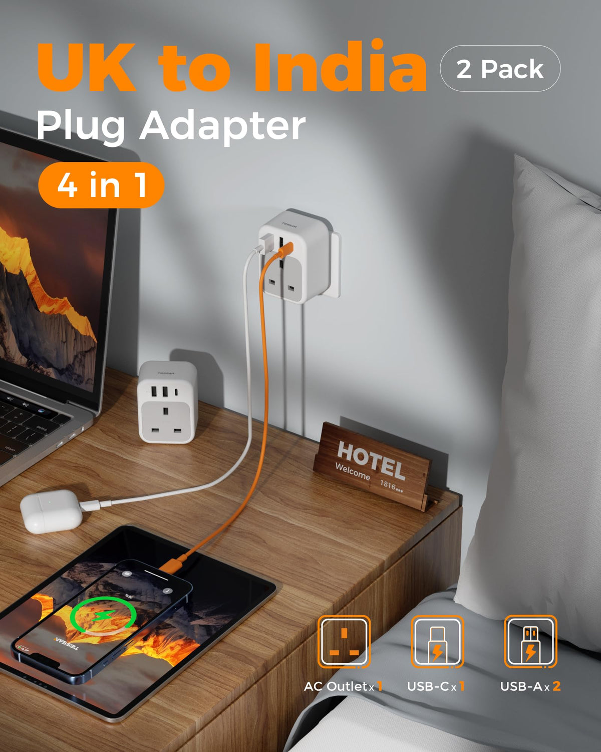 TESSAN UK to South Africa Plug Adapter, Type M Travel Adaptor with USB C