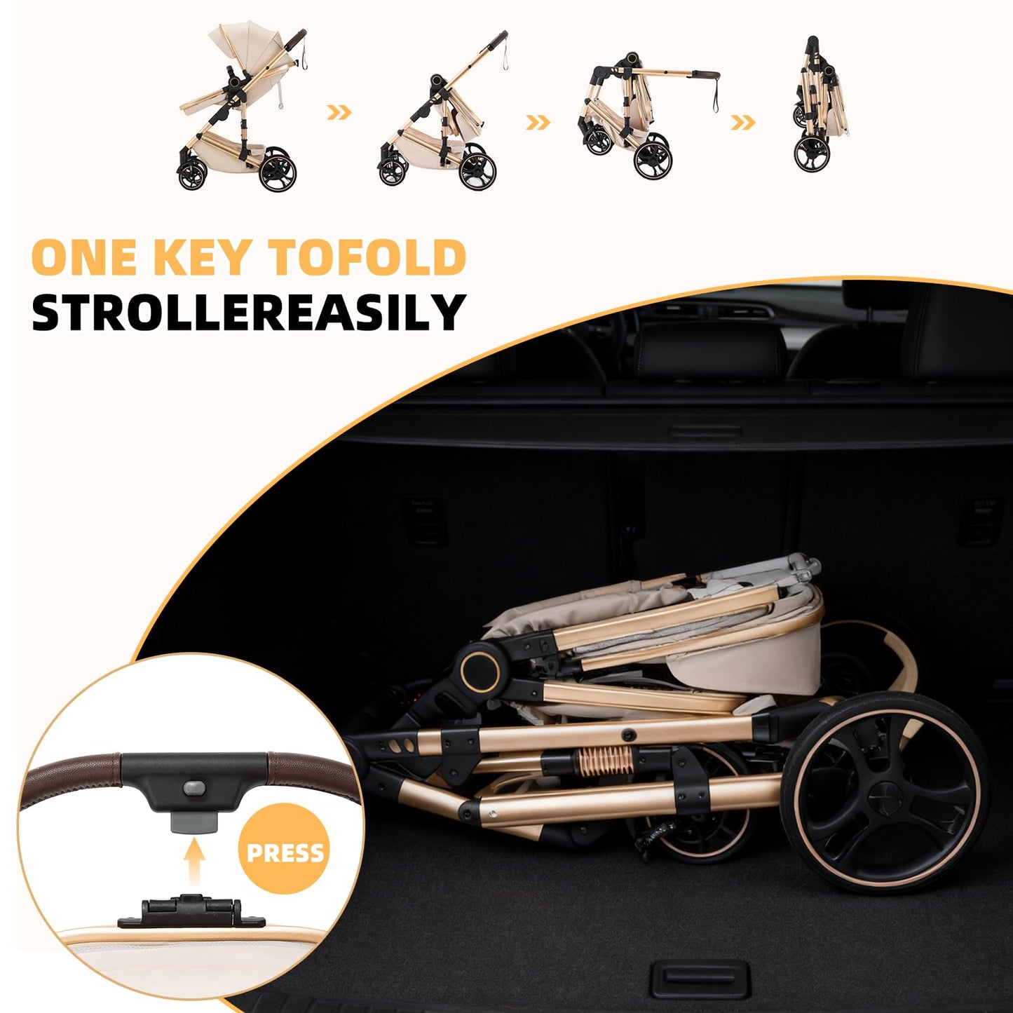 BEBBY Stroller 3-in-1 Baby 3 in 1 with Seat with Foldable Aluminium Frame, Compact Stroller with Adjustable Armrests, Combined Strollers,High Landscape Travel Pushchair (gen-H9-PINK, H9)