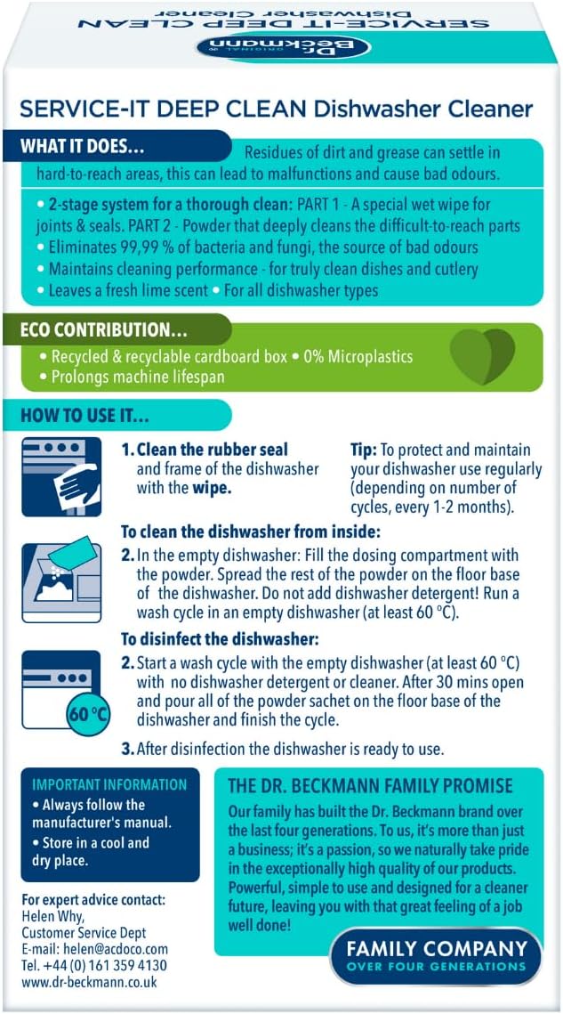 Dr. Beckmann Service-it Deep Clean Dishwasher Cleaner | Hygienically cleans and removes bad odours | Incl. wet wipe | 75 g (Pack of 1)