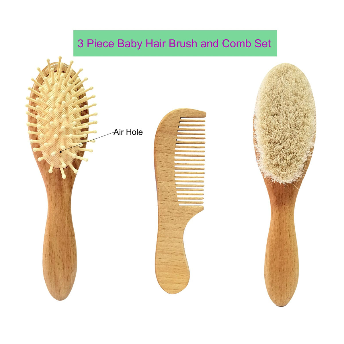 3PCS Baby Hair Brush with Wooden Handle and Comb Set for Newborns & Toddlers | Natural Soft Goat Bristles l Wood Comb l Green Cradle Cap Brush | Ideal for Cradle Cap