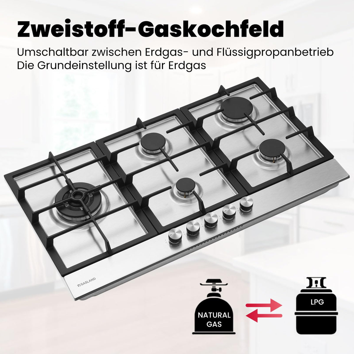 GASLAND GH60SF 60cm Built-in Gas Hob, 4 Burners Stainless Steel Gas Cooktop with Flame Failure Protection, NG/LPG Convertible, 8000W