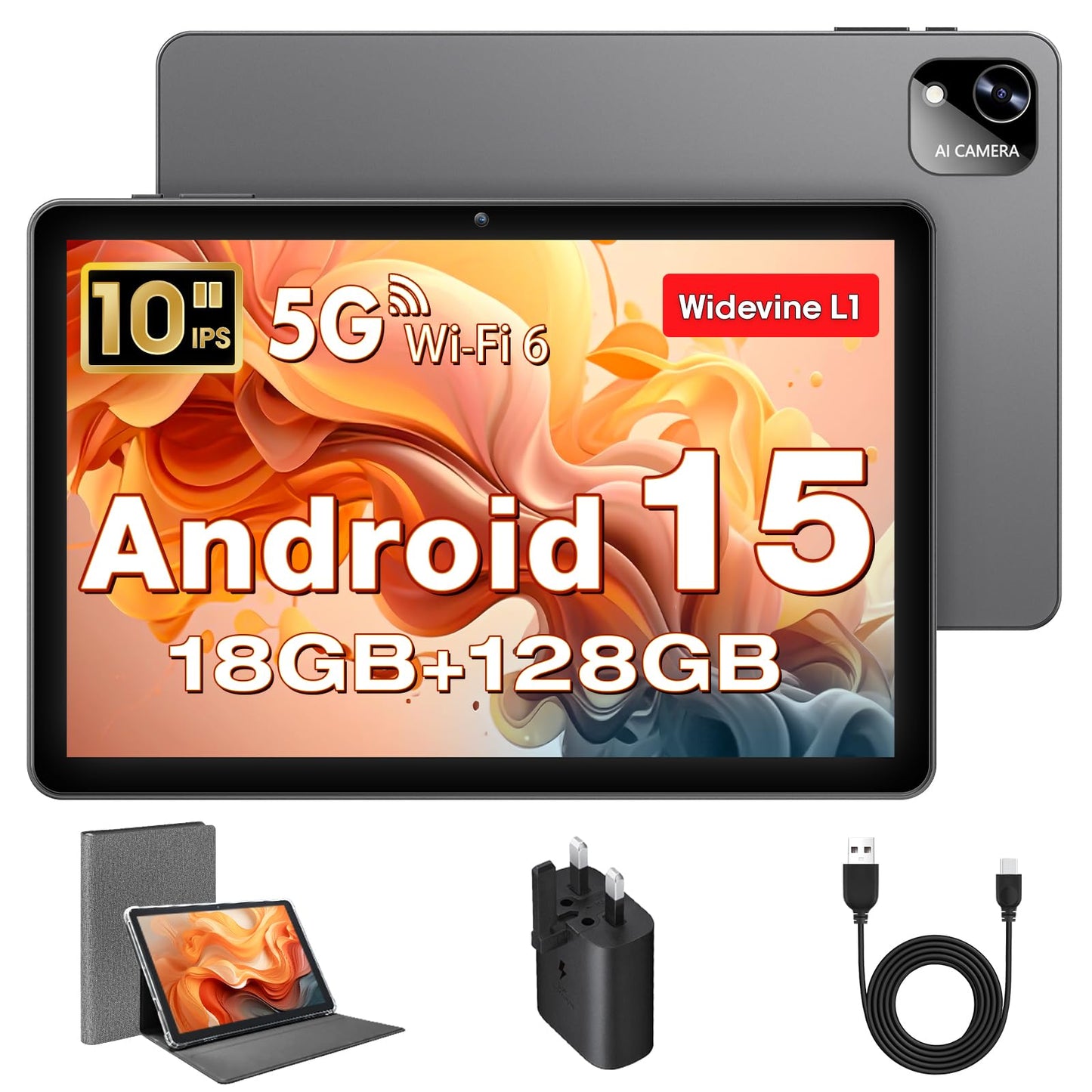Tablet 10 Inch, Android 15 Tablets with Case, Mouse & Keyboard, Octa-Core, 24GB RAM+128GB ROM+1TB Expand, 1280 x 800 HD IPS Display, Dual Camera, 6000mAh, WiFi 6, BT 5.0, Widevine L1, GPS (Gray)