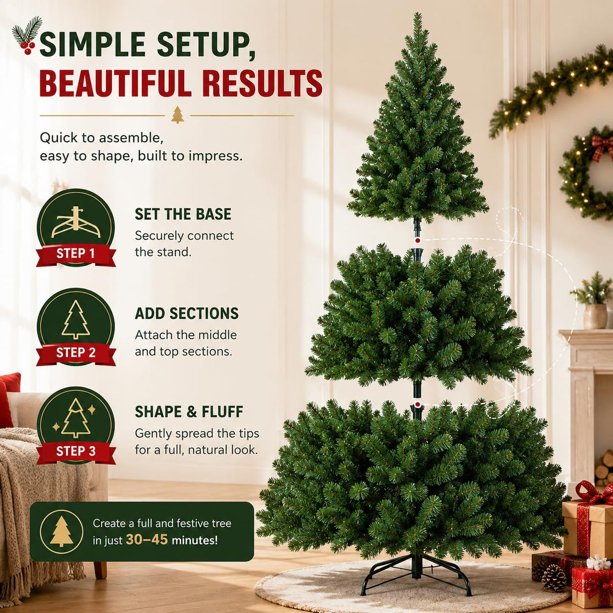 7ft (2.13M) Artificial Christmas Tree, Realistic Green with Metal Stand