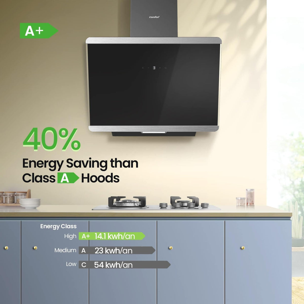 COMFEE' 60cm Angled Cooker Hood, A++, Wall Mounted, Black