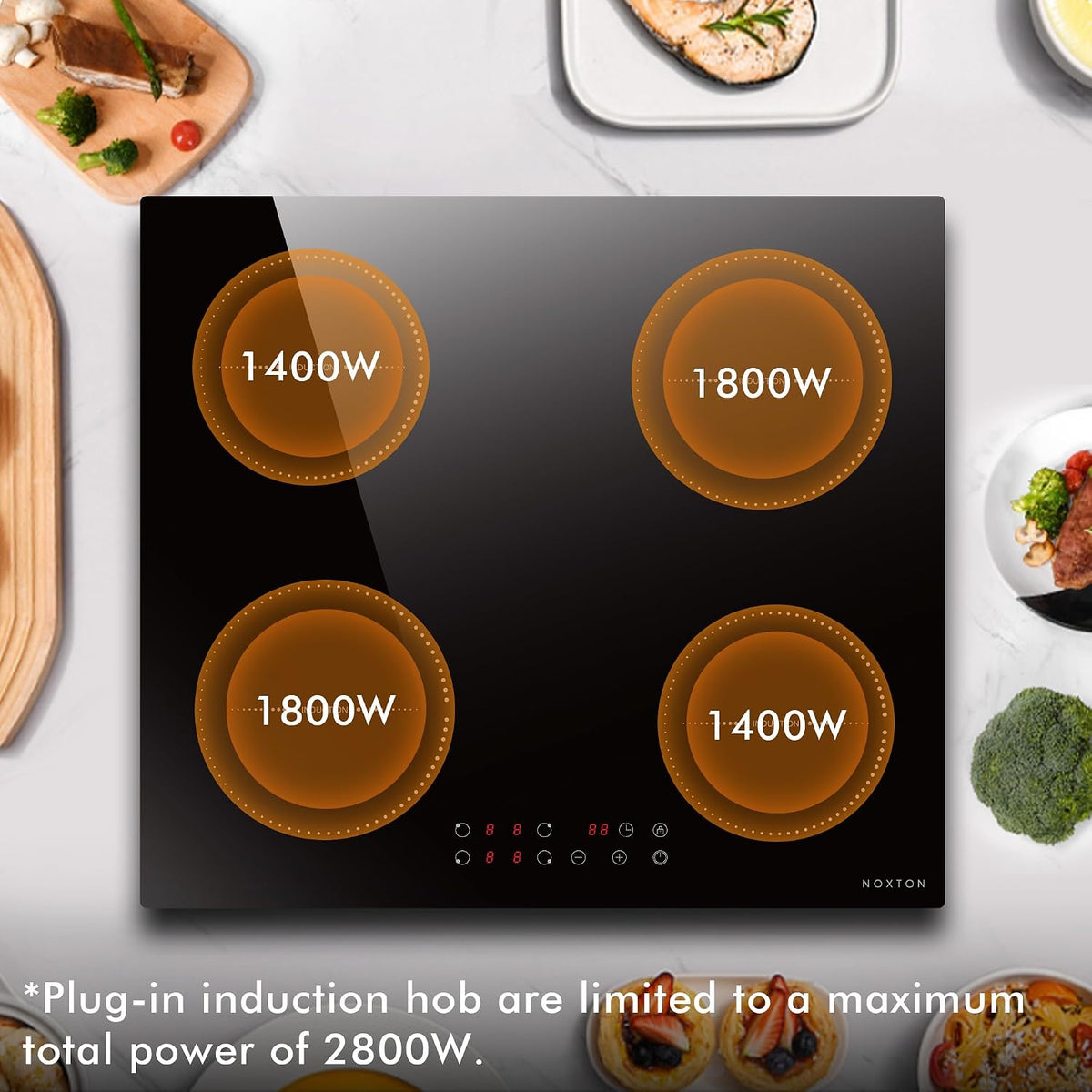 Noxton Plug in Induction Hob, 4 Zones Electric Hob 60cm, Touch Control with Child Safety Lock,UP to 99 Min Timer Black Crystal Glass