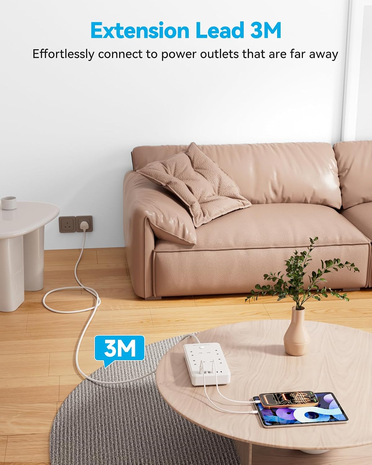 Extension Lead with 6 USB Slots (3 USB C), 4 Way Surge Protected, 3M