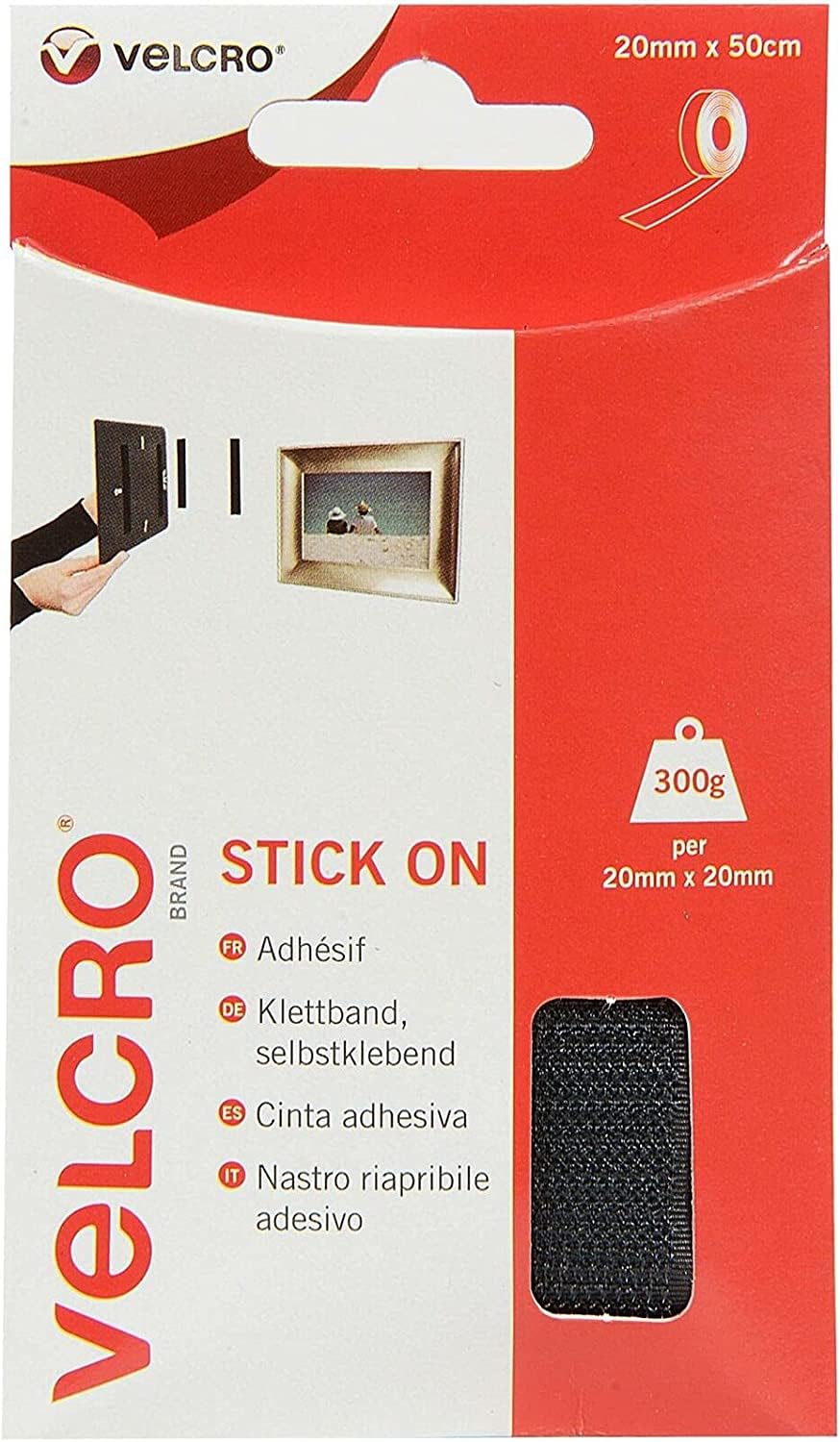 VELCRO® Brand | Stick On Tape | Cut-to-Length Strong Hook & Loop Self Adhesive Sticky Tape Perfect for Room Décor & Home, Office, Garage Use | Black | 20mm x 1m