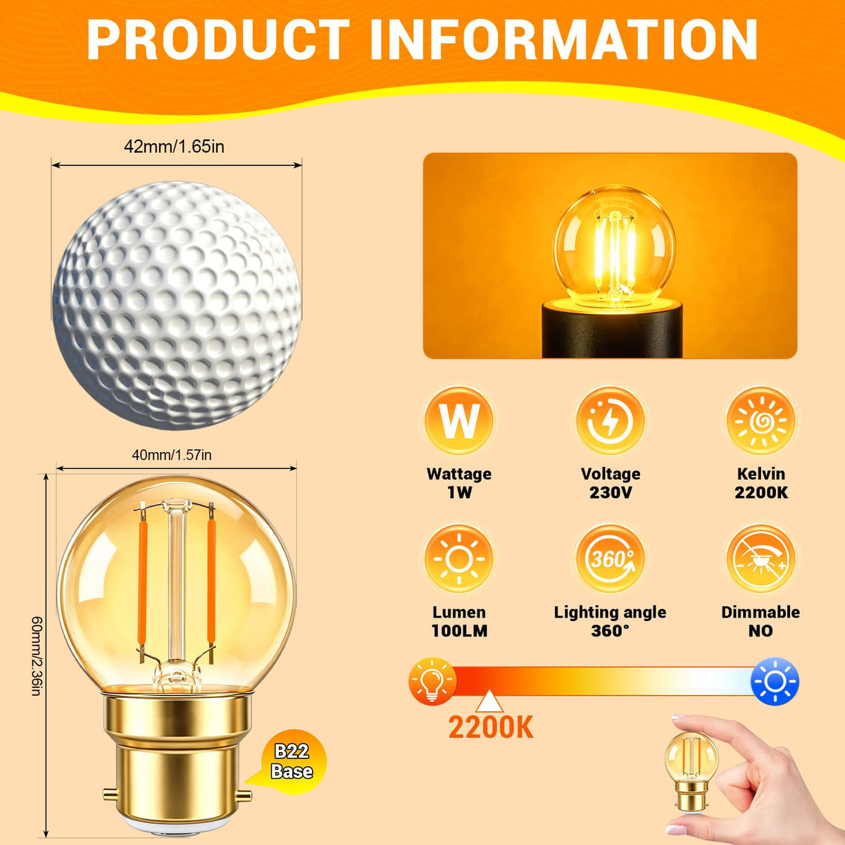 Caldarax 0.5W E14 LED Vintage Night Light Bulb, Mini C7 LED Filament Candle Bulbs Amber Warm White 2200K E14 Orange SES Small Edison Screw Salt Lamp Bulbs, 5W Equivalent, Non Dimmable, 2 Pack