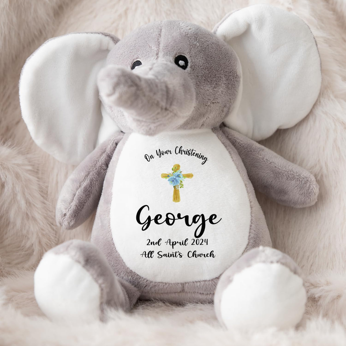 Crafted Memories - Personalised Bunny Rabbit | Custom Name & Date | Christening & Baptism Keepsake | Baby Girl & Boy | Soft Grey, White | Ideal 1st Birthday Present