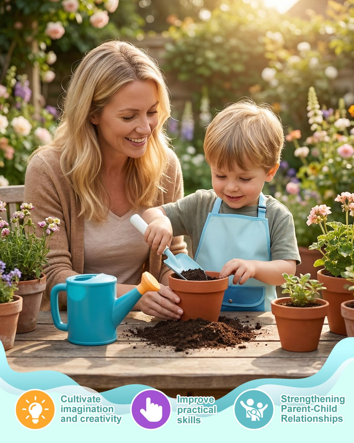 15pcs Kids Gardening Tool Set, Outdoor Gardening Set with Tools, Rake, Fork, Trowel, Watering Can, Gloves, Tote Bag & Plant Pots, Fun Garden Gift for Boys Girls Ages 3-12, Sky Blue