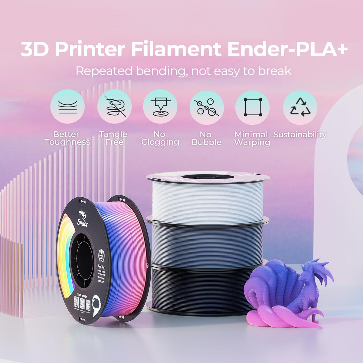 Creality Ender PLA 3D Printer Filament 1.75mm, 4 Packs 1KG Spool(2.2lbs), Dimensional Accuracy +/-0.03mm, No Clogging & Bubbles, Fits for Most FDM 3D Printers (White*4KG)