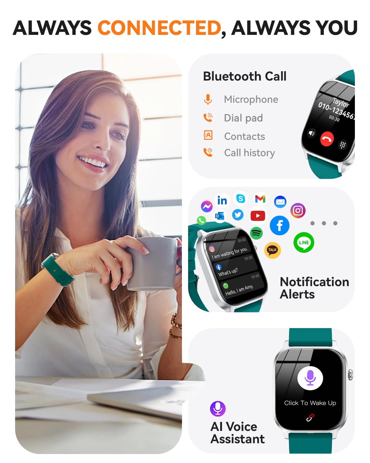 Smart Watch for Men Women- Answer/Make Call, 2024 IP68 Waterproof Fitness Tracker Watch with Sleep Step Counter Activity Smartwatch for Samsung Android iPhone iOS (Black-Blue, 1.83)