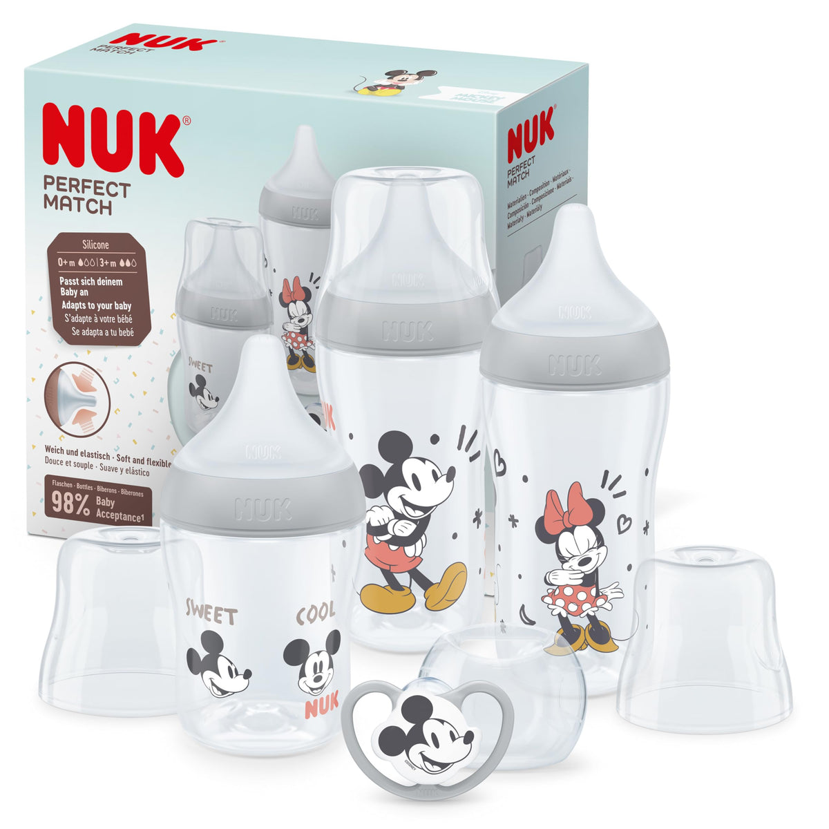 NUK Perfect Match Newborn Baby Bottle Set | 0+ Months | 150ml | Anti Colic Feeding Bottle | PP | Temperature Control Indicator | Rainbow | 4 Count