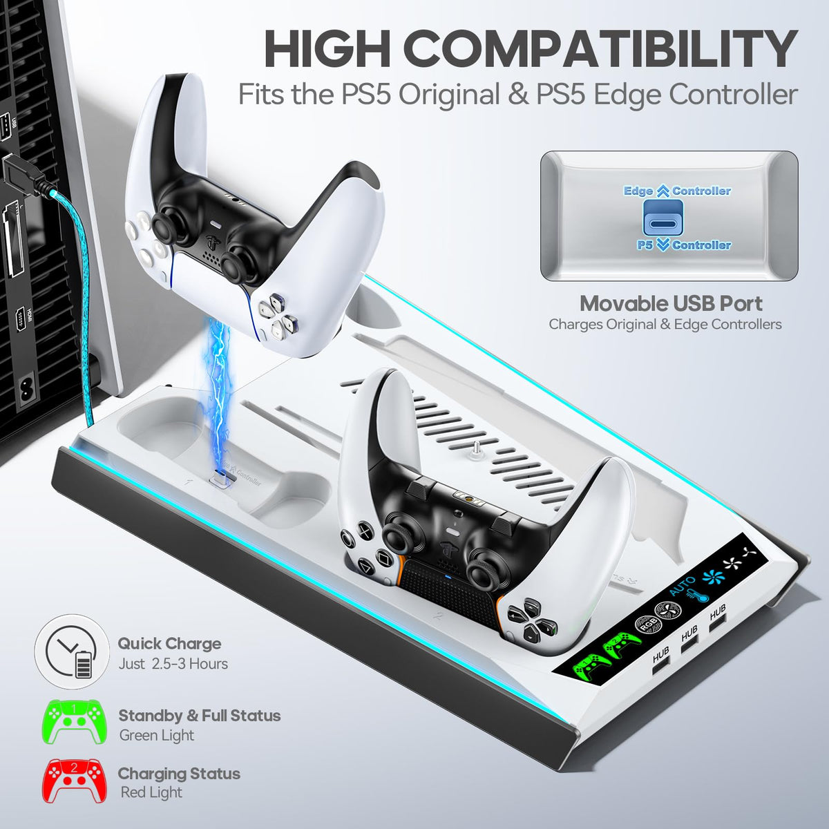 Rysker PS5/Slim/Pro Stand, PS5 Cooling Station Built-in 3-Level Cooling Fan & Fast Charger for Disc & Digital, PS 5 Accessories with Safety Screw and Headset Holder