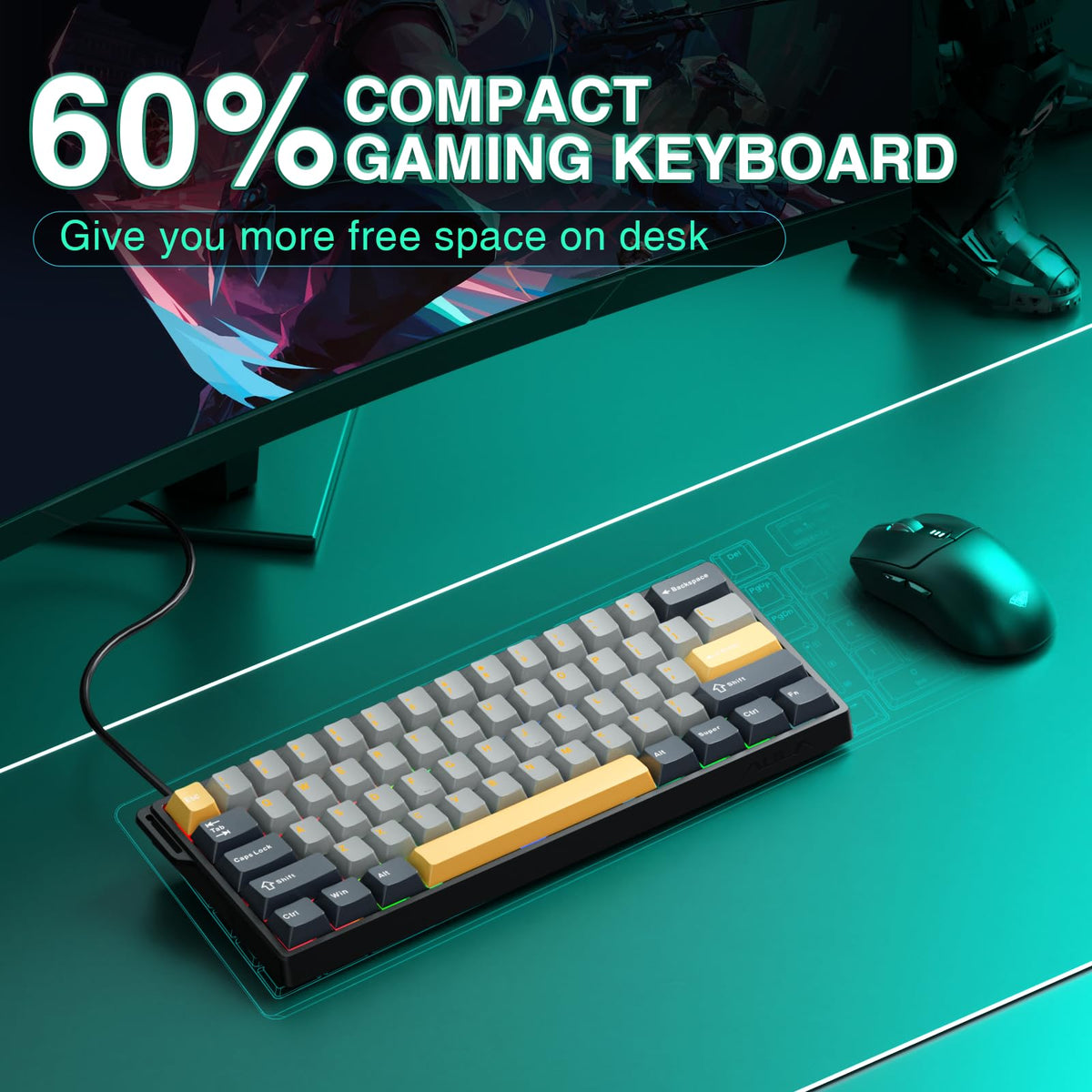 AULA WIN60 HE Mechanical Gaming Keyboard Wired,Hall Effect Magnetic Switches,Adjustable Actuation Rapid Trigger,8K Polling Rate,RGB Backlight,60% Percent Keyboard for Mac/Win (BLACK) (Pack of 2)