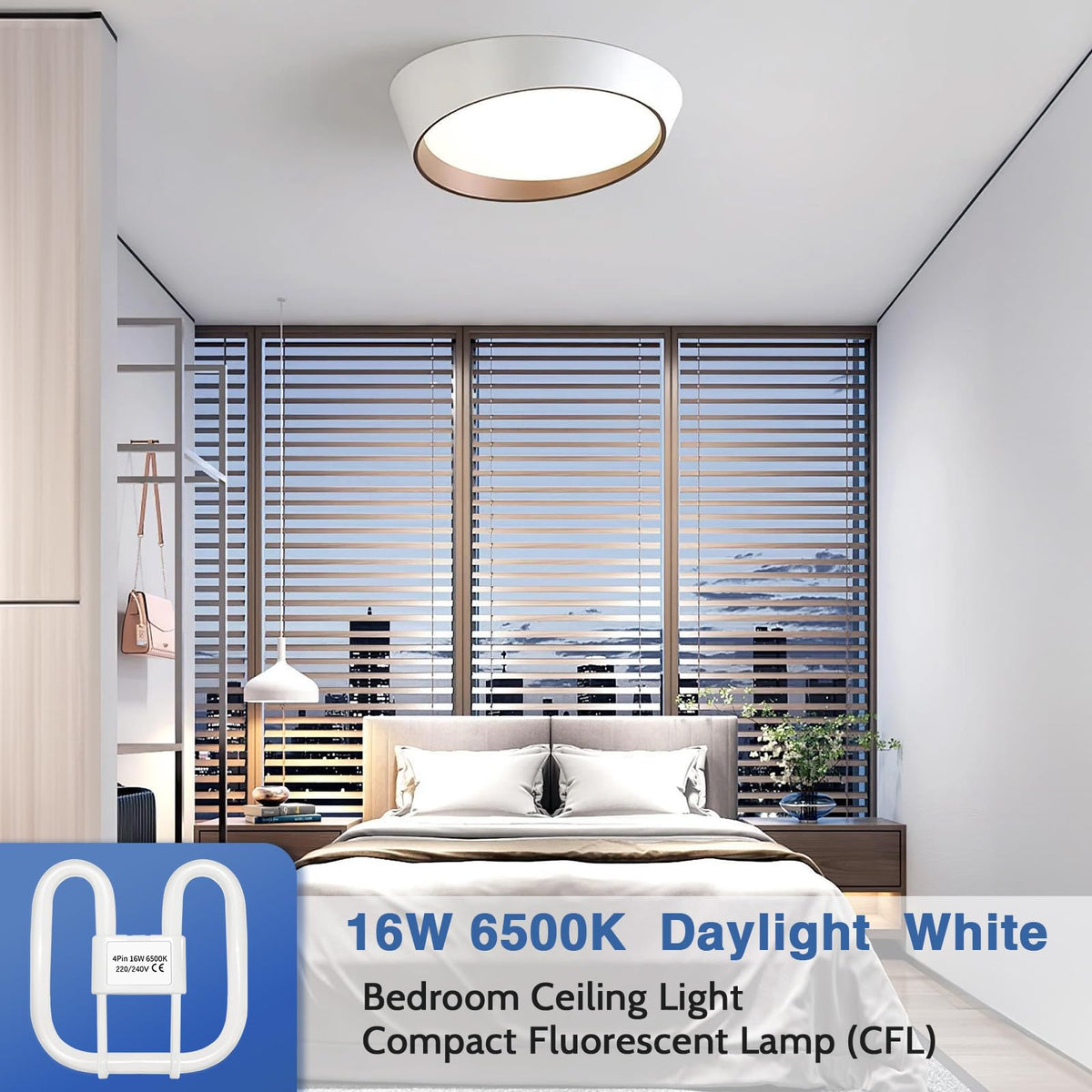 Akynite 16W 2D Square 2-Pin GR8 Cap Daylight White 6500k Compact Fluorescent Lamp, AC 230V, CFL 2 Pin Light Bulb, not dimmable, GR8 DD Flat Butterfly Bulb for Flush Ceiling Light, 1 Pack