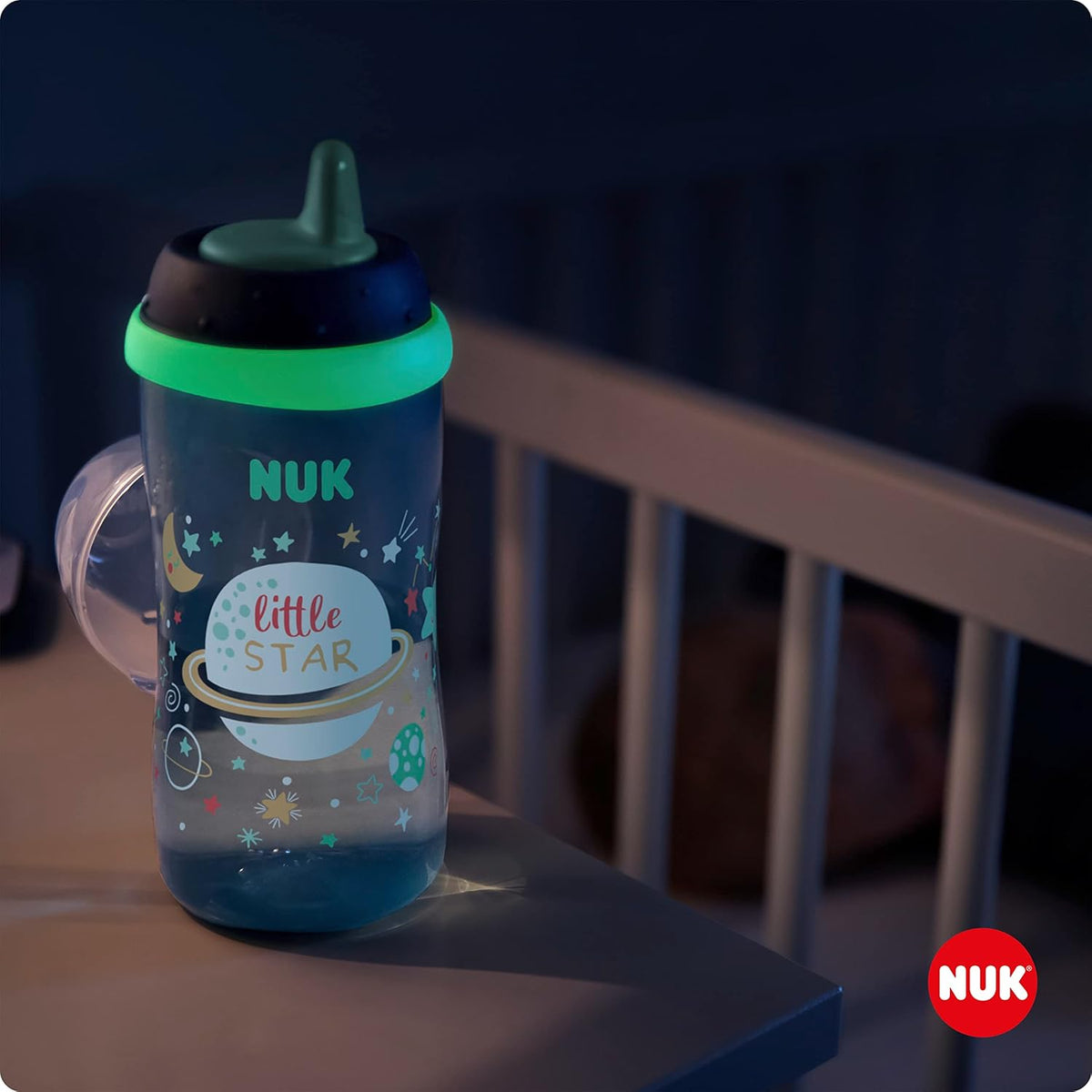 NUK Kiddy Cup Night Toddler Cup | 12+ Months | 300 ml | Leak-Proof Toughened Spout | Glow in the Dark | Clip & Protective Cap | BPA-Free | Blue