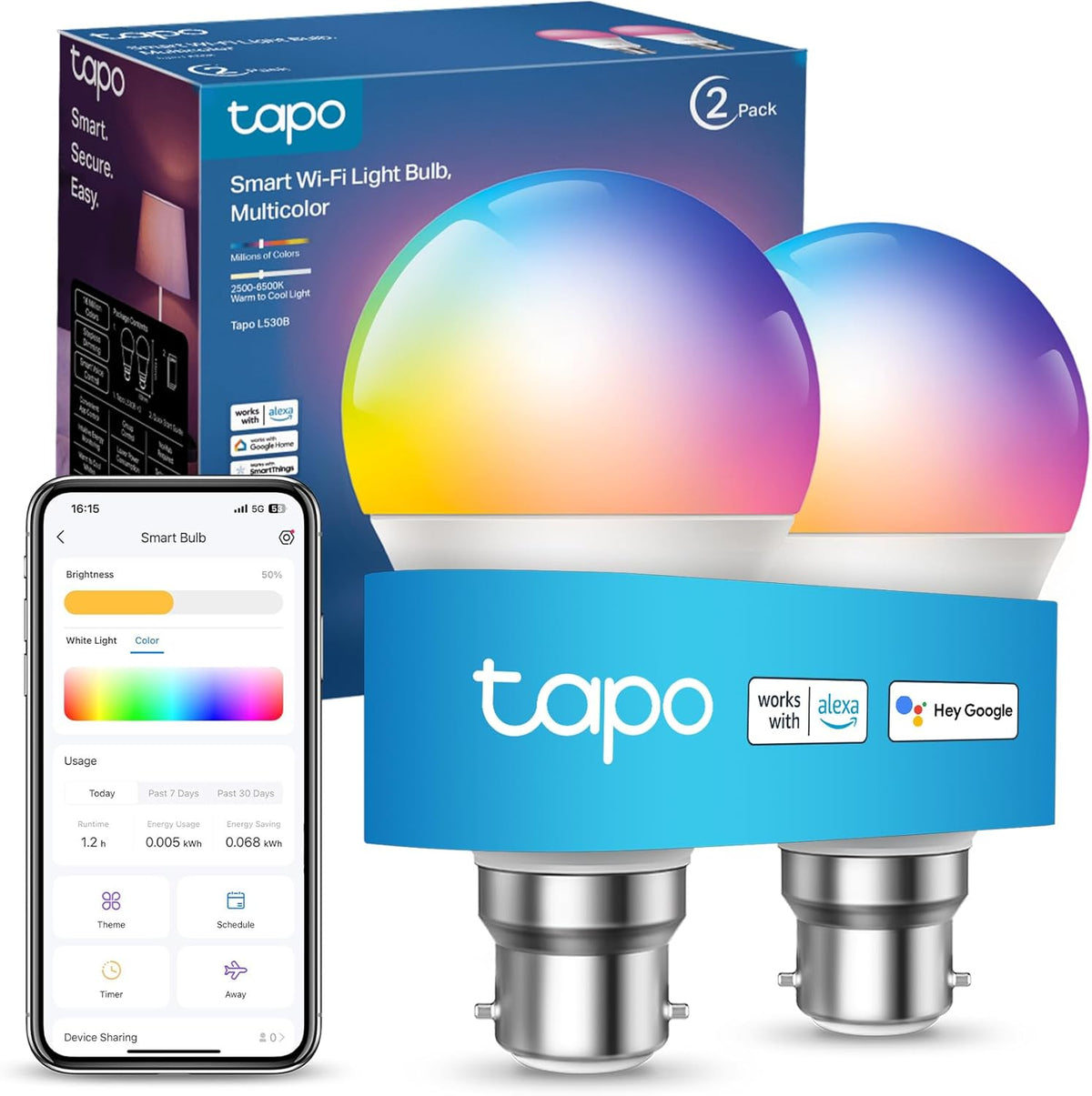 Tapo L530B(2-Pack) B22 Smart Bulb Multicolour Dimmable LED Light Bulb