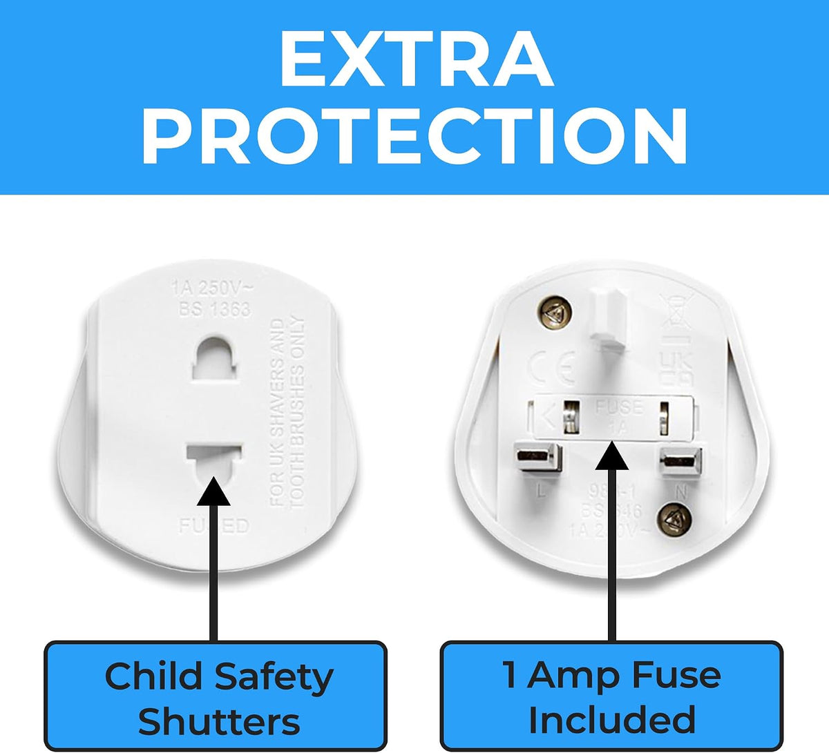 Double Dragon 2-Pack UK Electric Toothbrush & Shaver Plug Adapter | 2-Pin to 3-Pin Bathroom Converter | Supports UK EU Round & US Flat 2-Pin Plugs | 1A Fused | Compatible with Oral-B, Braun, Philips